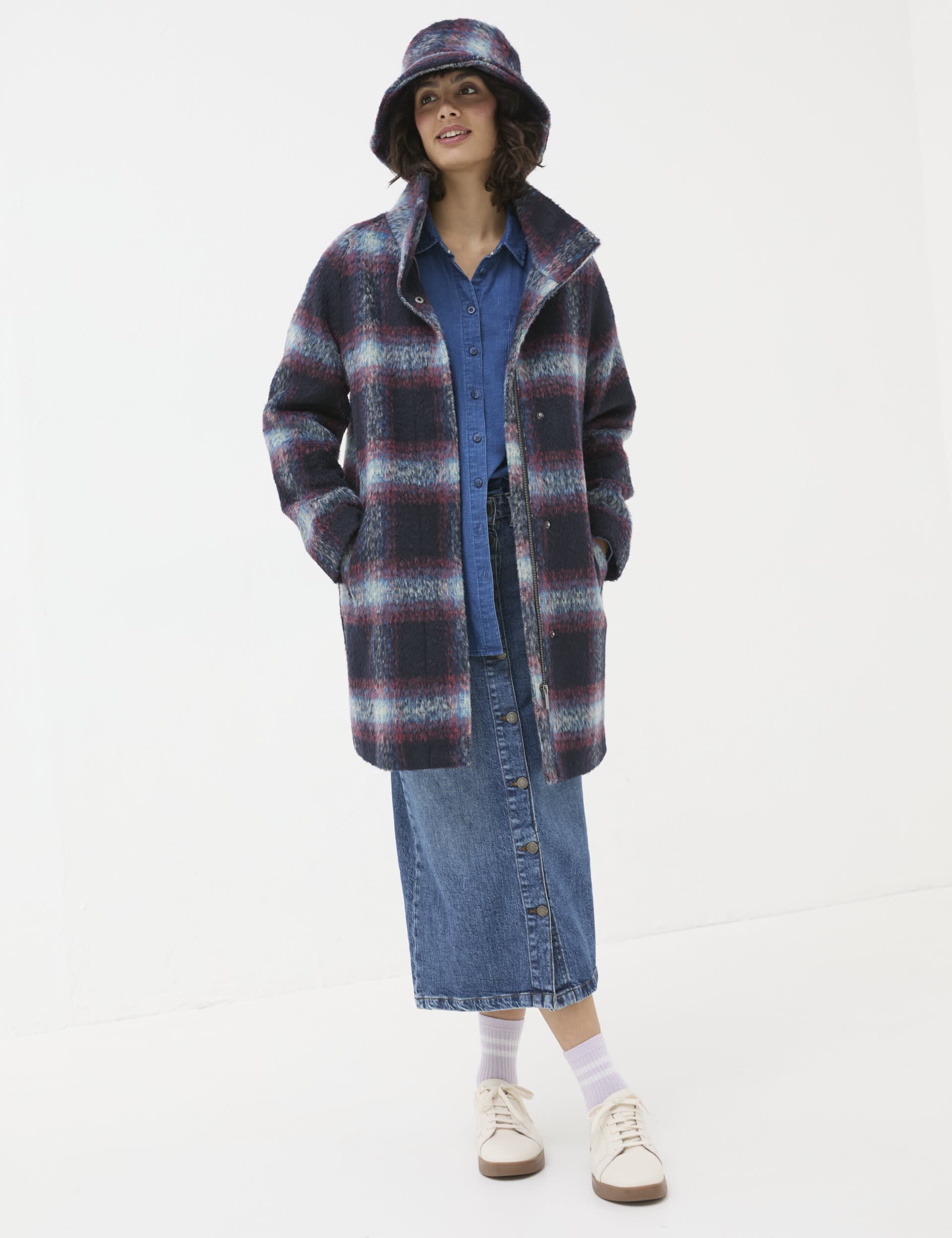 Fatface Women's Wool Blend Checked Tailored Coat - 16 - Navy Mix, Navy Mix