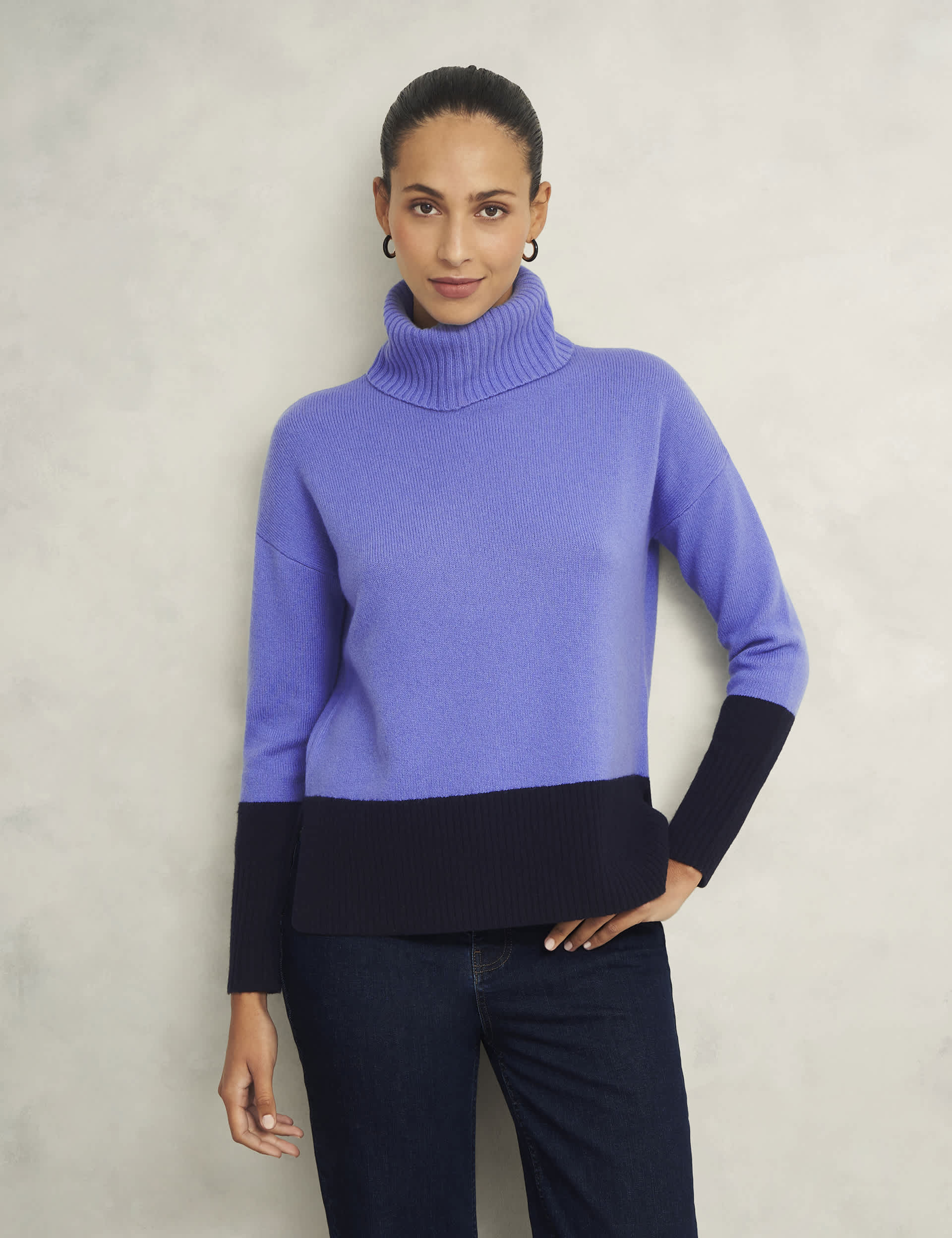 Hobbs Women's Merino Wool Rich Colour Block Roll Neck Jumper - MREG - Blue Mix, Blue Mix