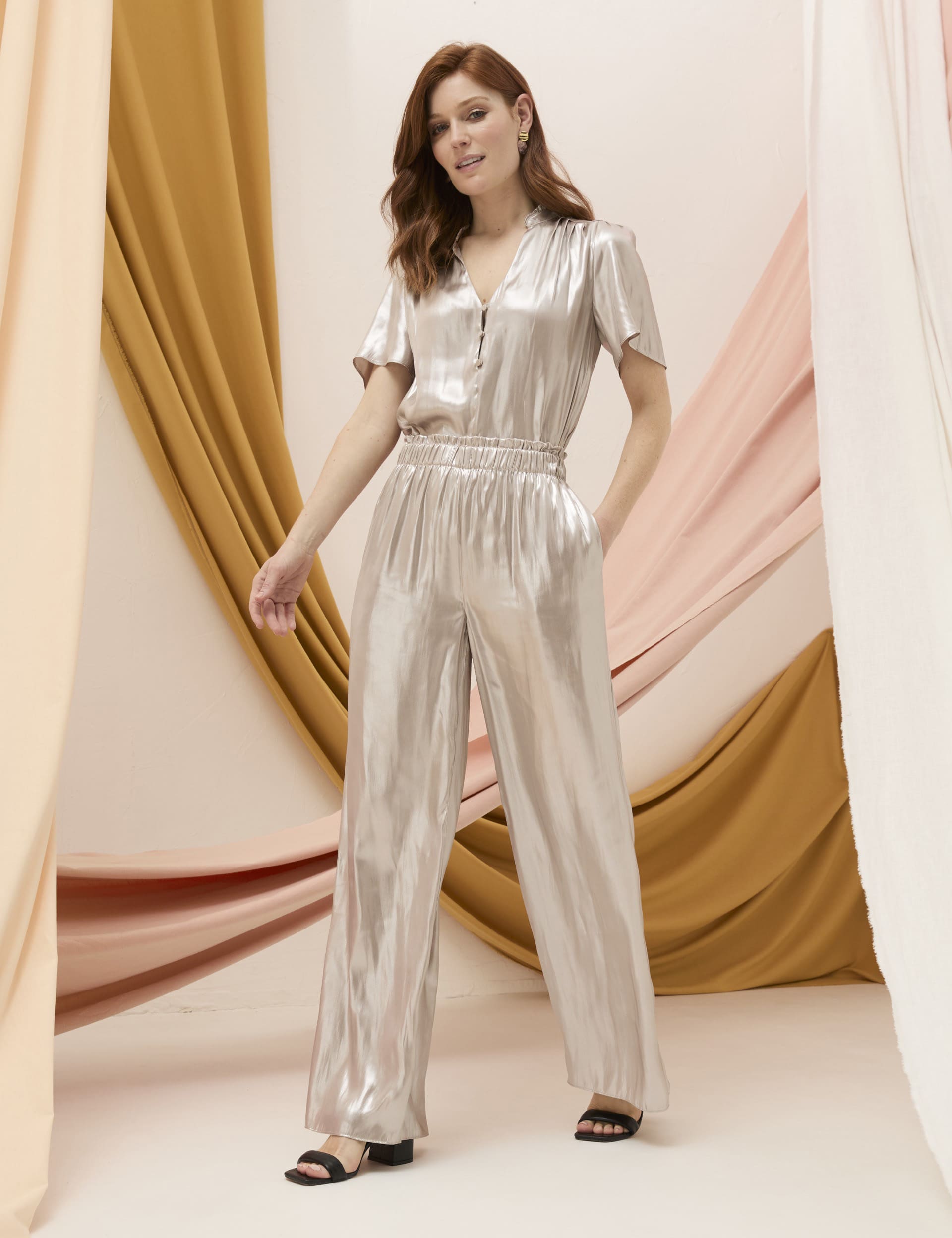 Fatface Women's Metallic Elasticated Waist Wide Leg Trousers