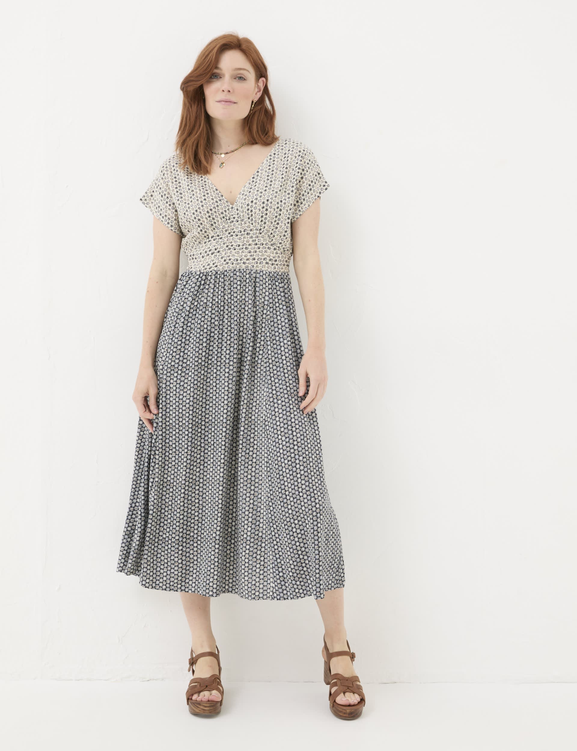 Fatface Women's Geometric V-Neck Midi Waisted Dress