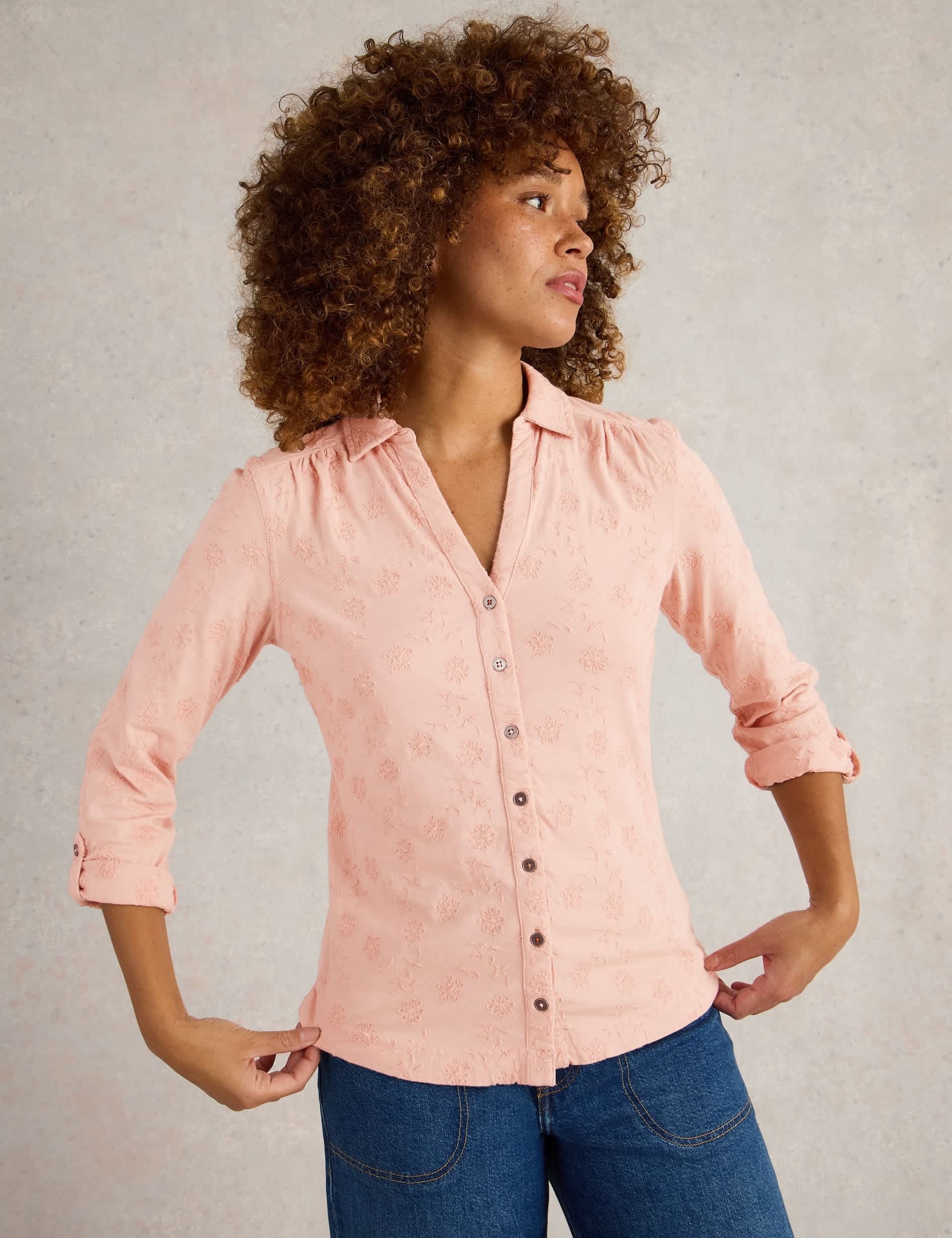 White Stuff Women's Pure Cotton Jersey Broderie V-Neck Shirt - 12 - Pink, Pink