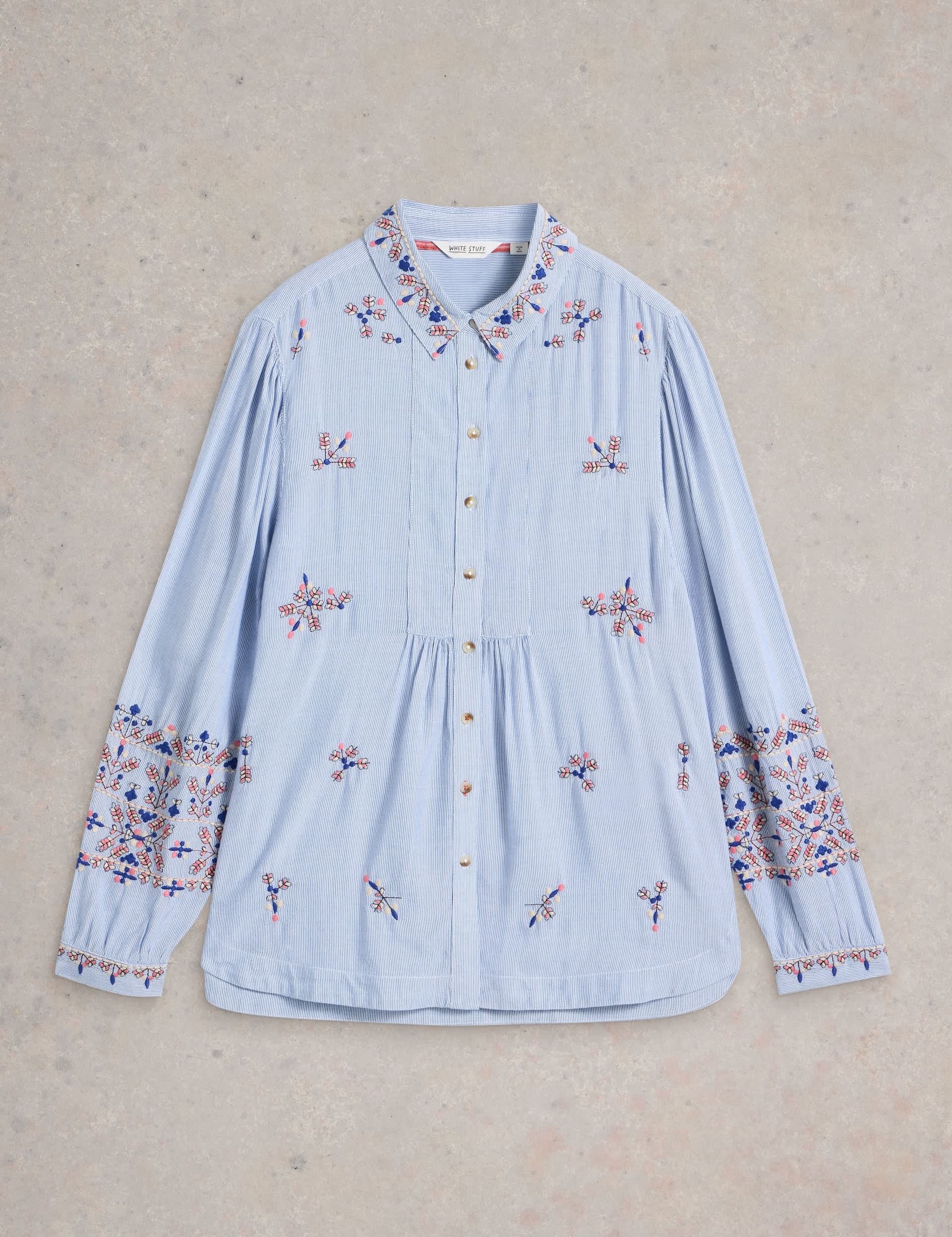 White Stuff Women's Embroidered Collared Relaxed Shirt - 14REG - Blue Mix, Blue Mix