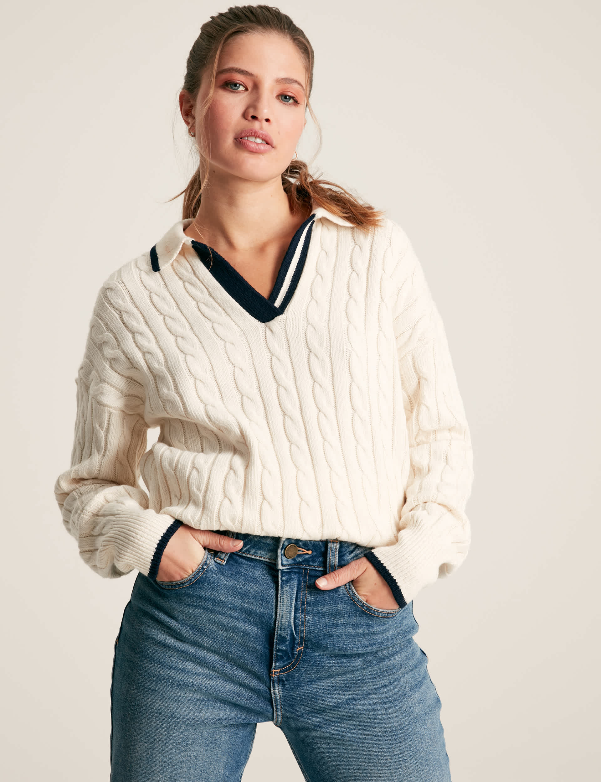 Joules Women's Cotton Rich Cable Knit Collared Jumper - 8 - Cream, Cream