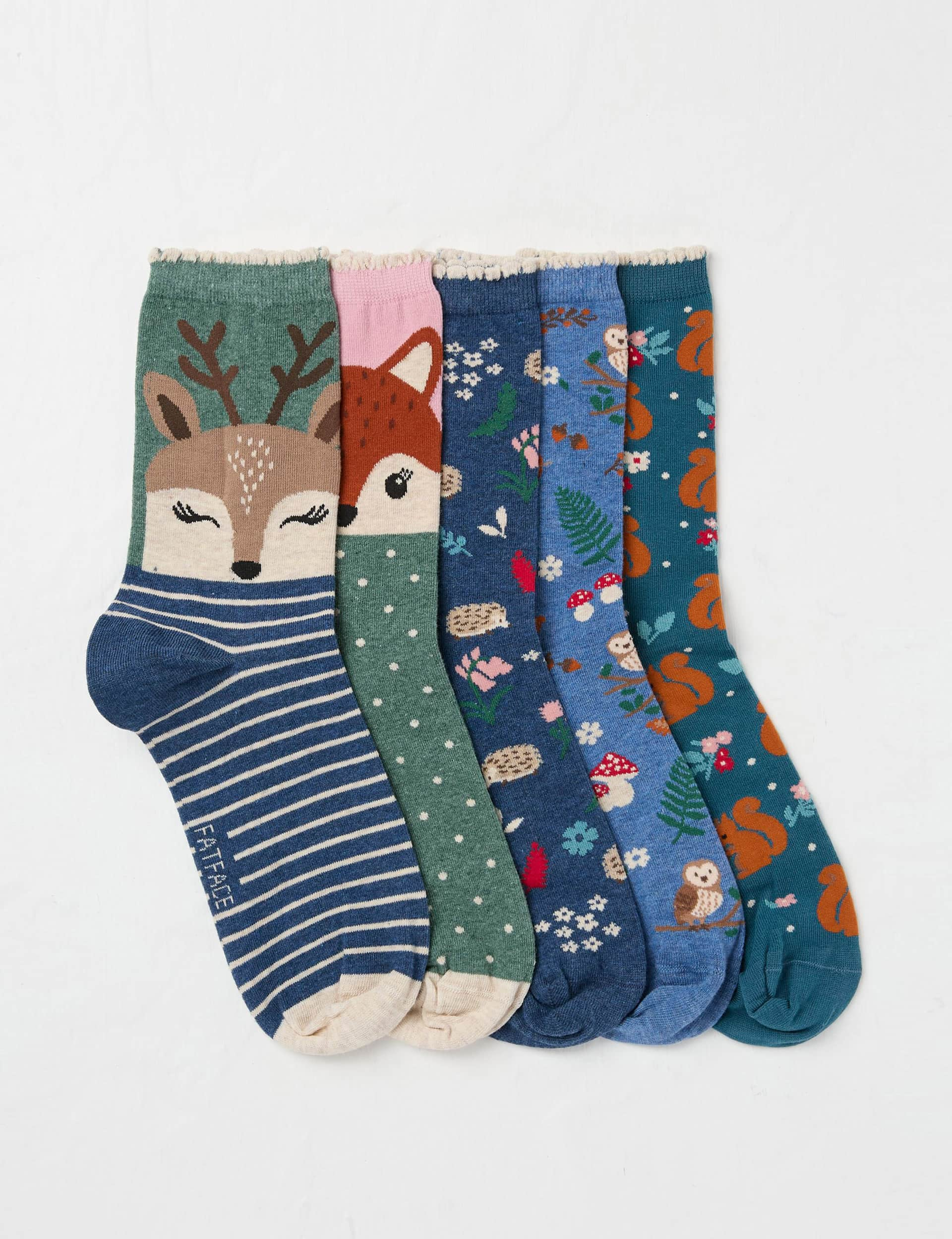 Fatface Women's 5pk Cotton Rich Nature Print Ankle Socks - Multi, Multi