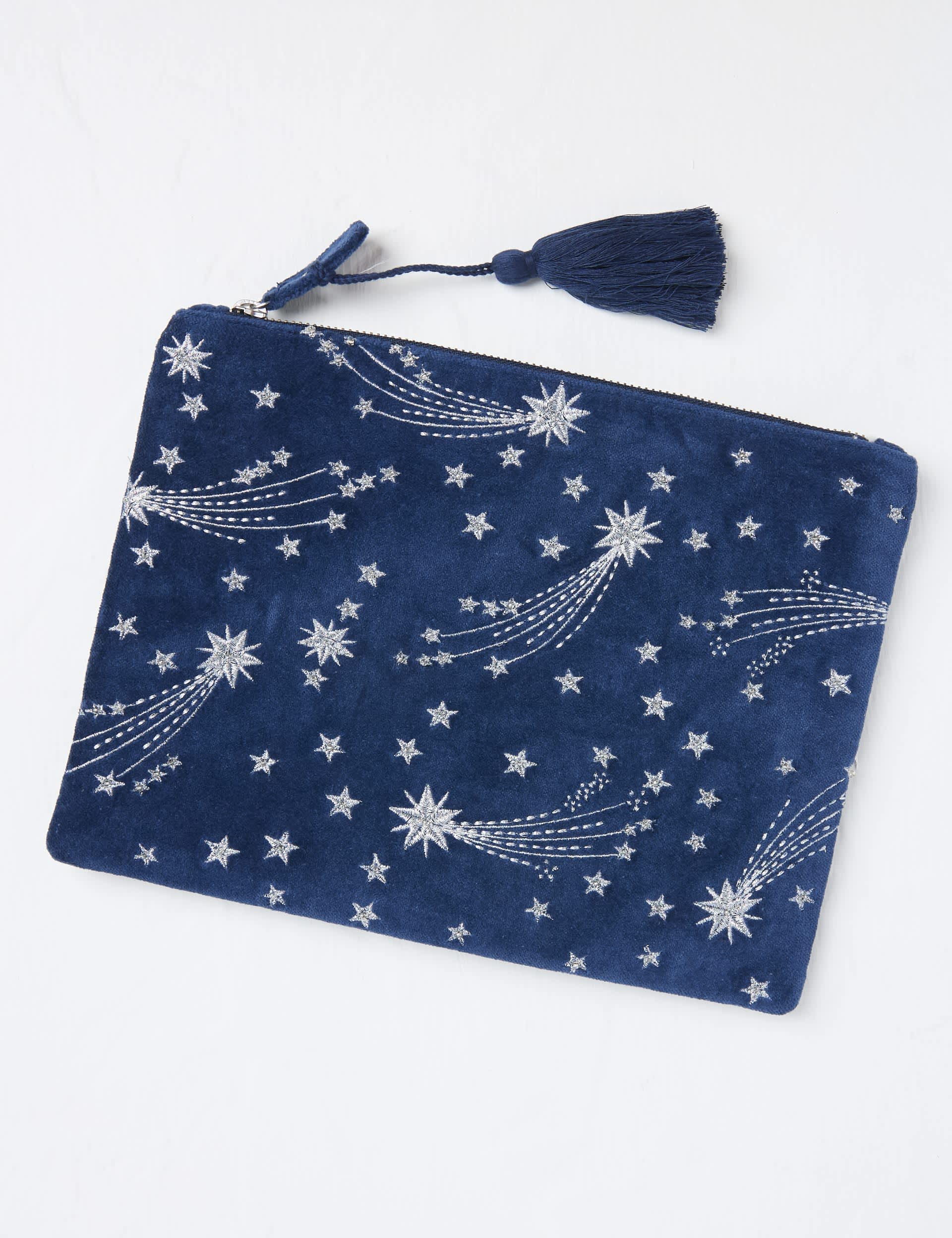 Fatface Women's Pure Cotton Velvet Embroidered Pouch - Navy, Navy