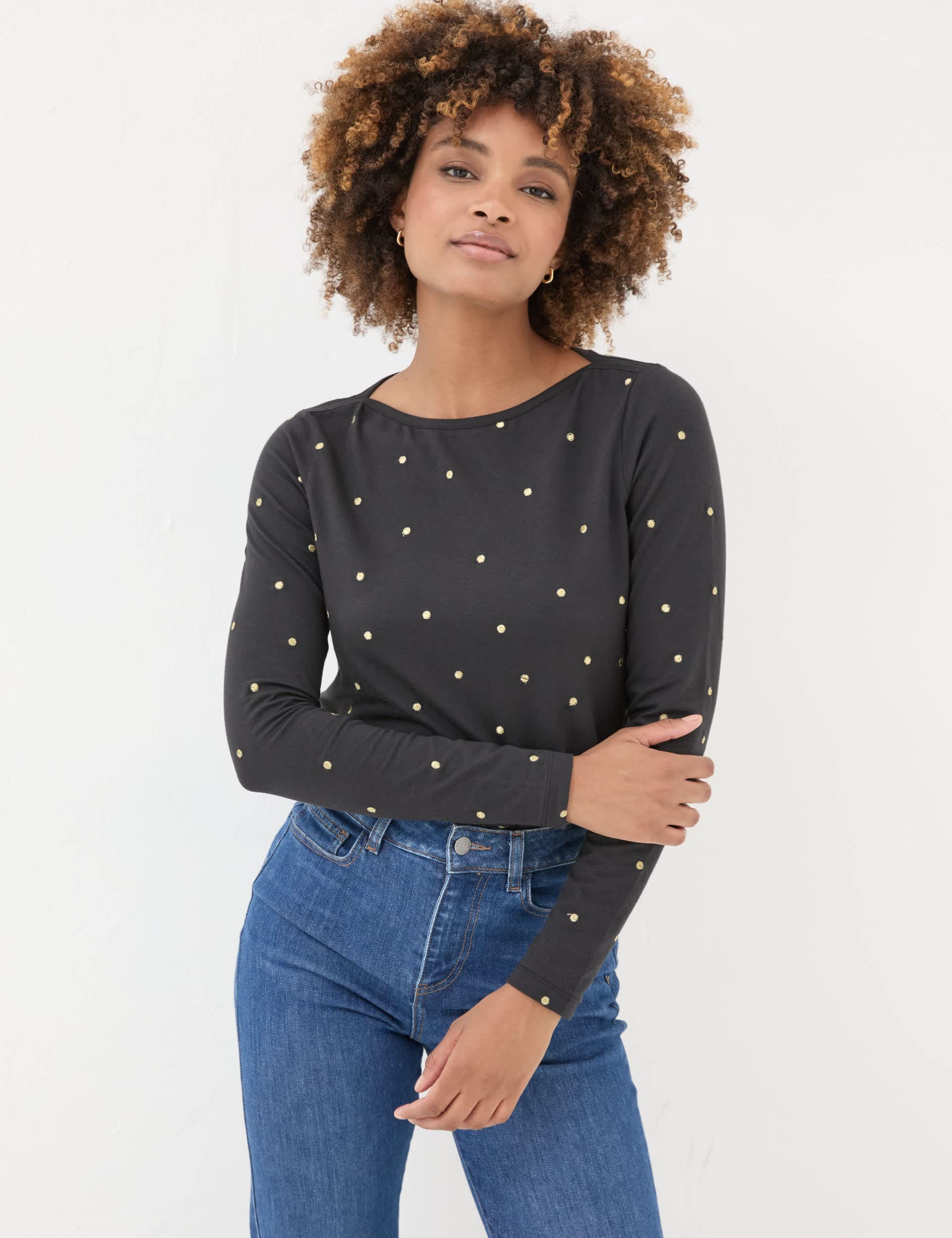 Fatface Women's Cotton Rich Sparkly Polka Dot Top - 14 - Black, Black