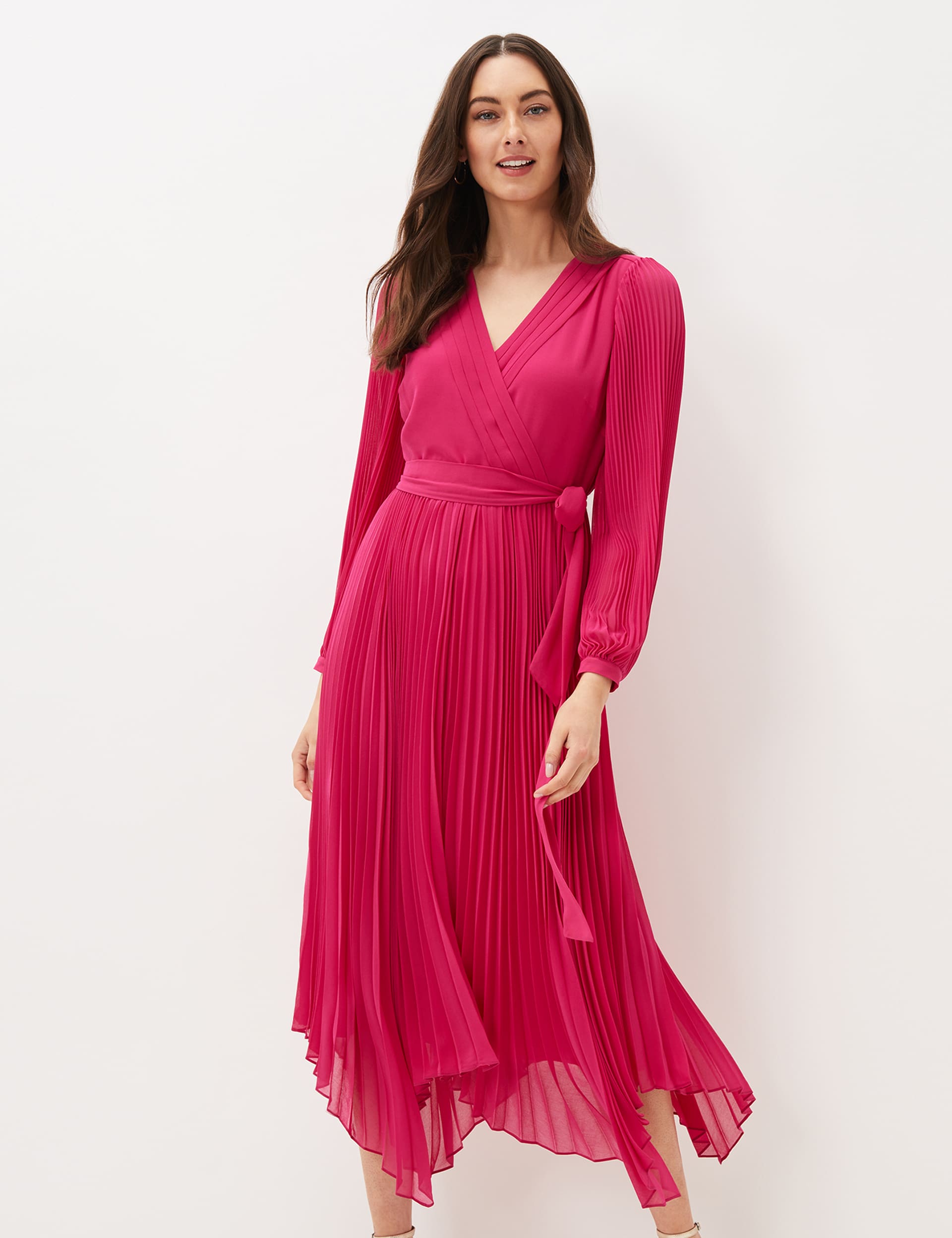 Phase Eight Women's V-Neck Pleated Tie Belt Midi Wrap Dress - 12 - Pink, Pink