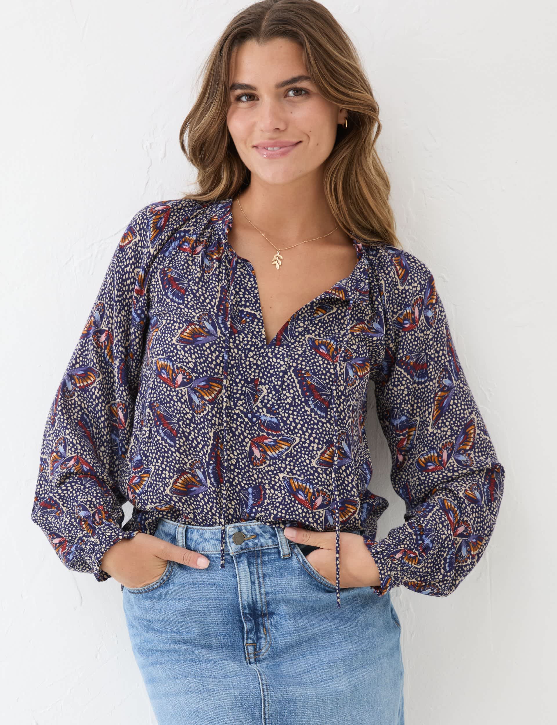 Fatface Women's Floral Tie Neck Blouson Sleeve Blouse - 14 - Dark Navy, Dark Navy