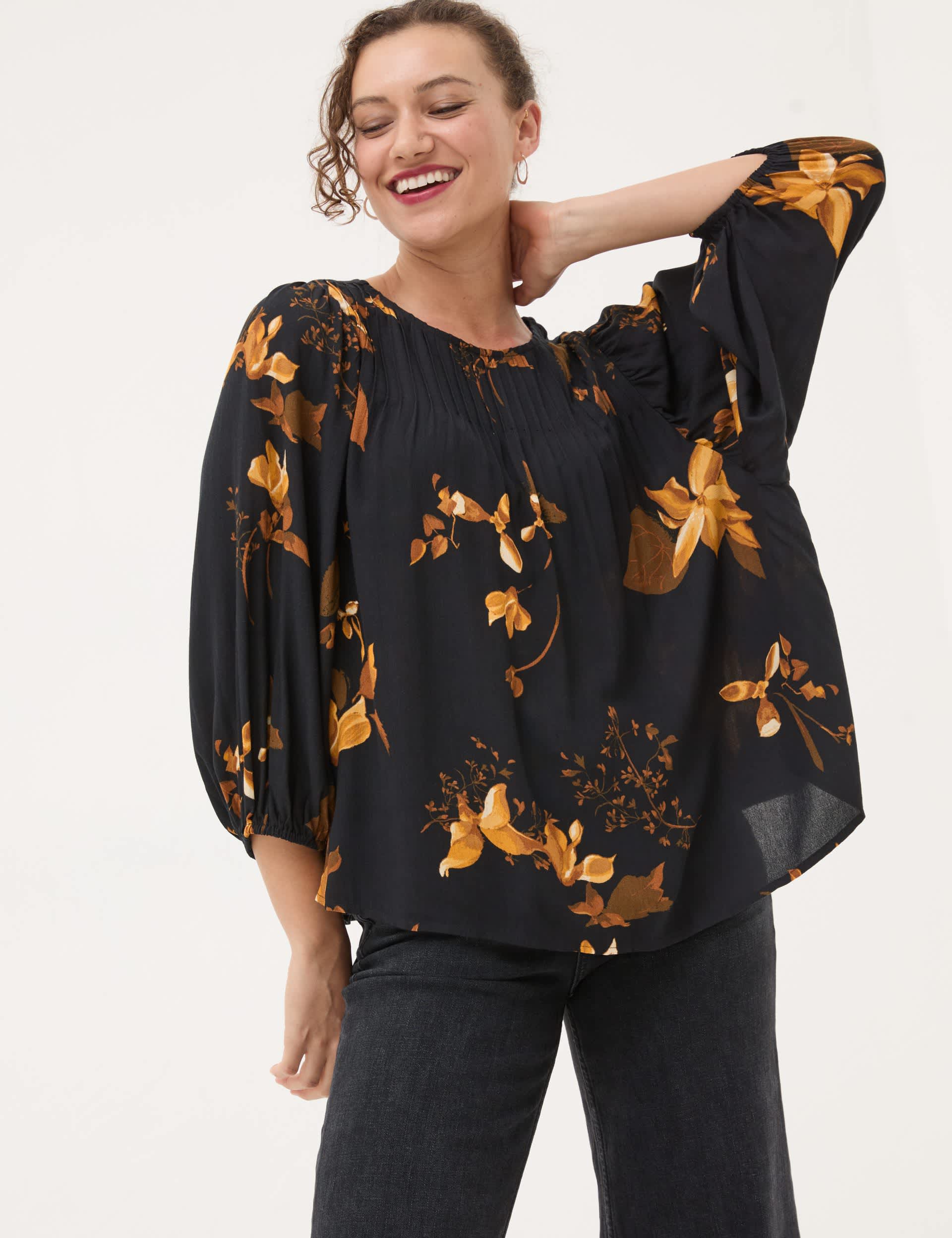 Fatface Women's Floral Round Neck Blouson Sleeve Blouse - 6 - Black Mix, Black Mix