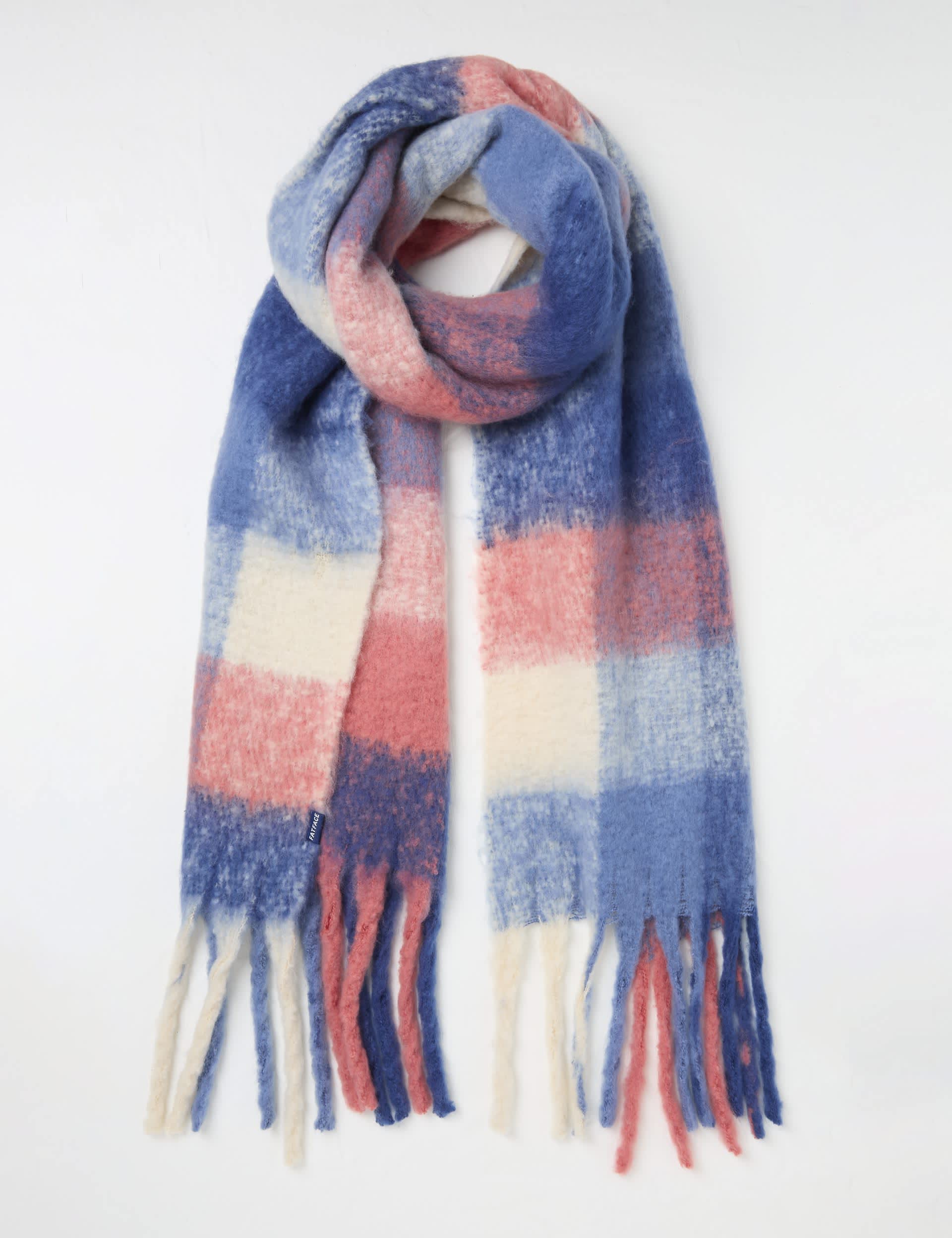 Fatface Women's Woven Checked Fringed Scarf - Blue Mix, Blue Mix