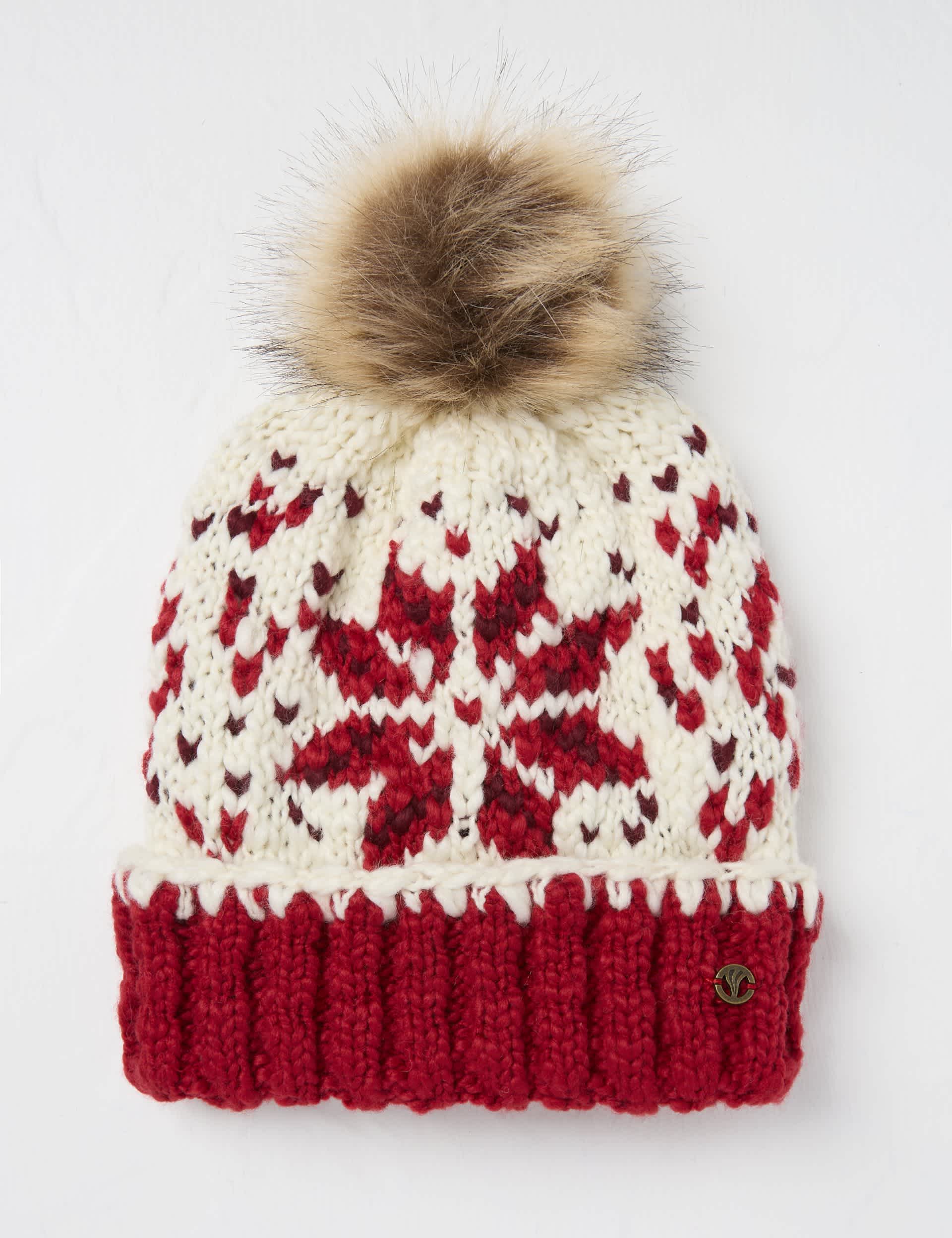 Fatface Women's Knitted Snowflake Faux Fur Pom Beanie - Red, Red