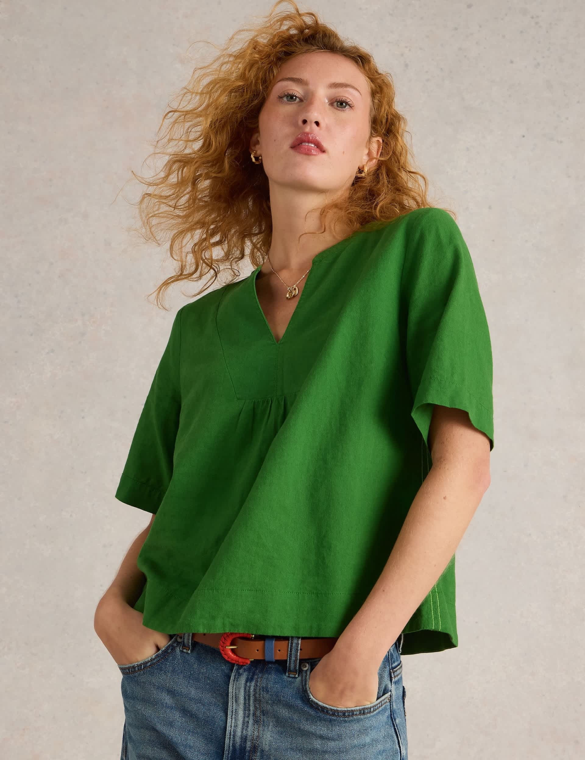 White Stuff Women's Linen Rich V-Neck Top - 12 - Green Mix, Green Mix,Navy Mix