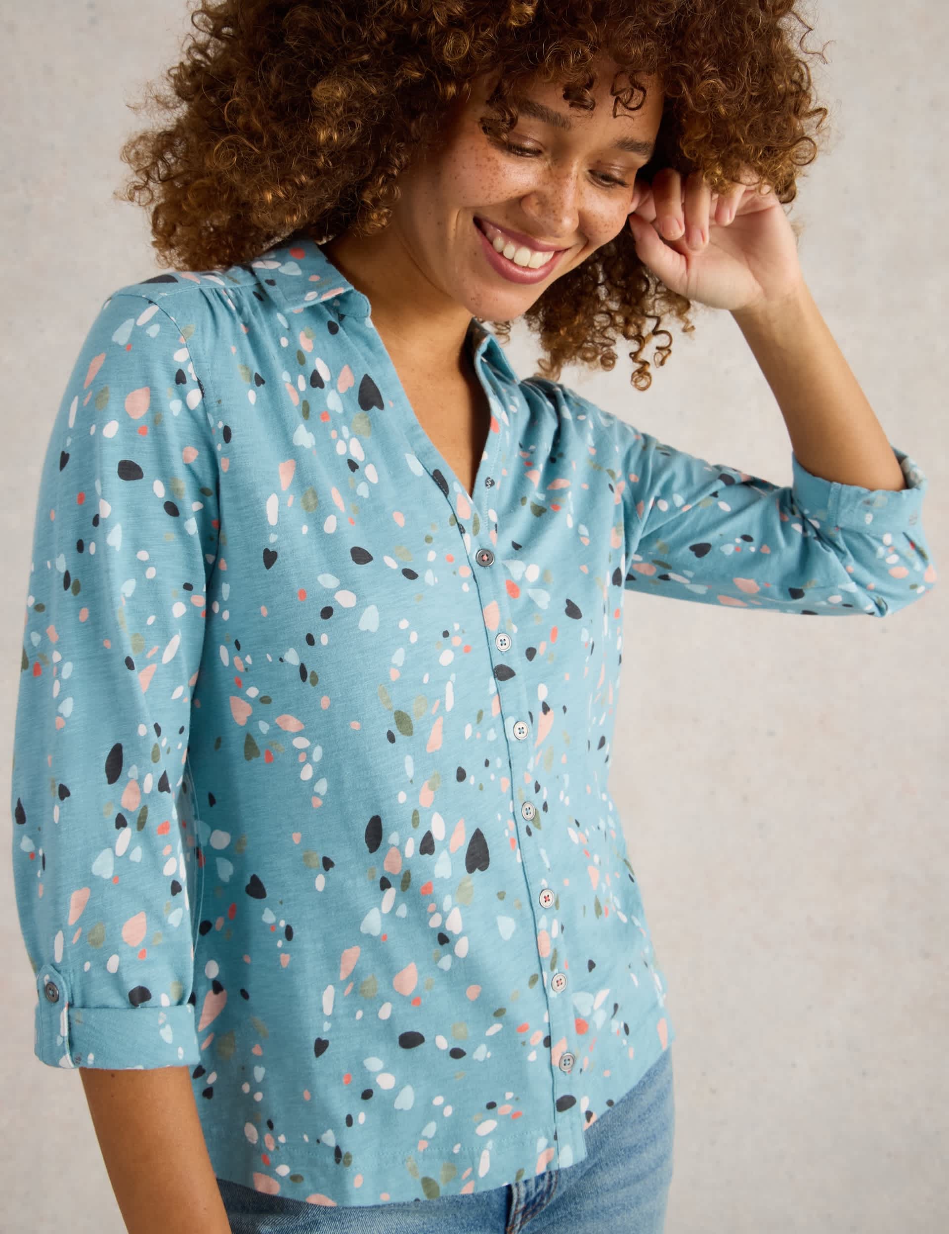 White Stuff Women's Pure Cotton Printed Collared Shirt - 18 - Teal Mix, Green Mix,Teal Mix