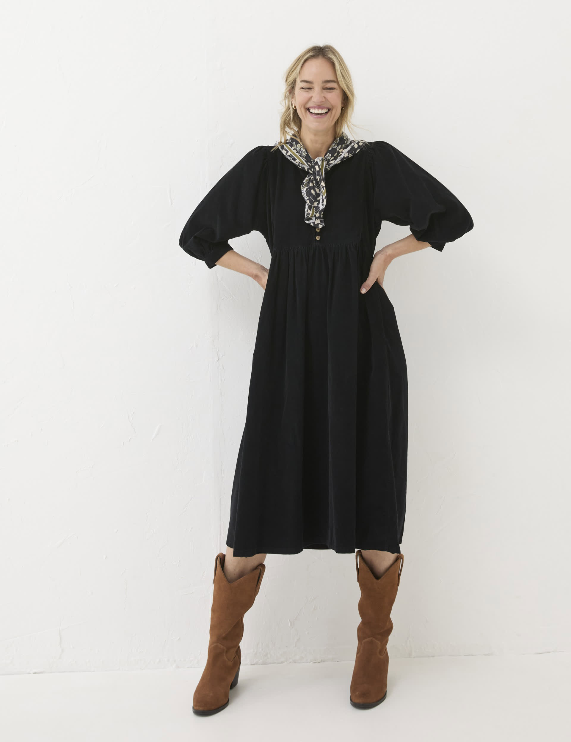 Fatface Women's Pure Cotton Cord V-Neck Waisted Midi Dress