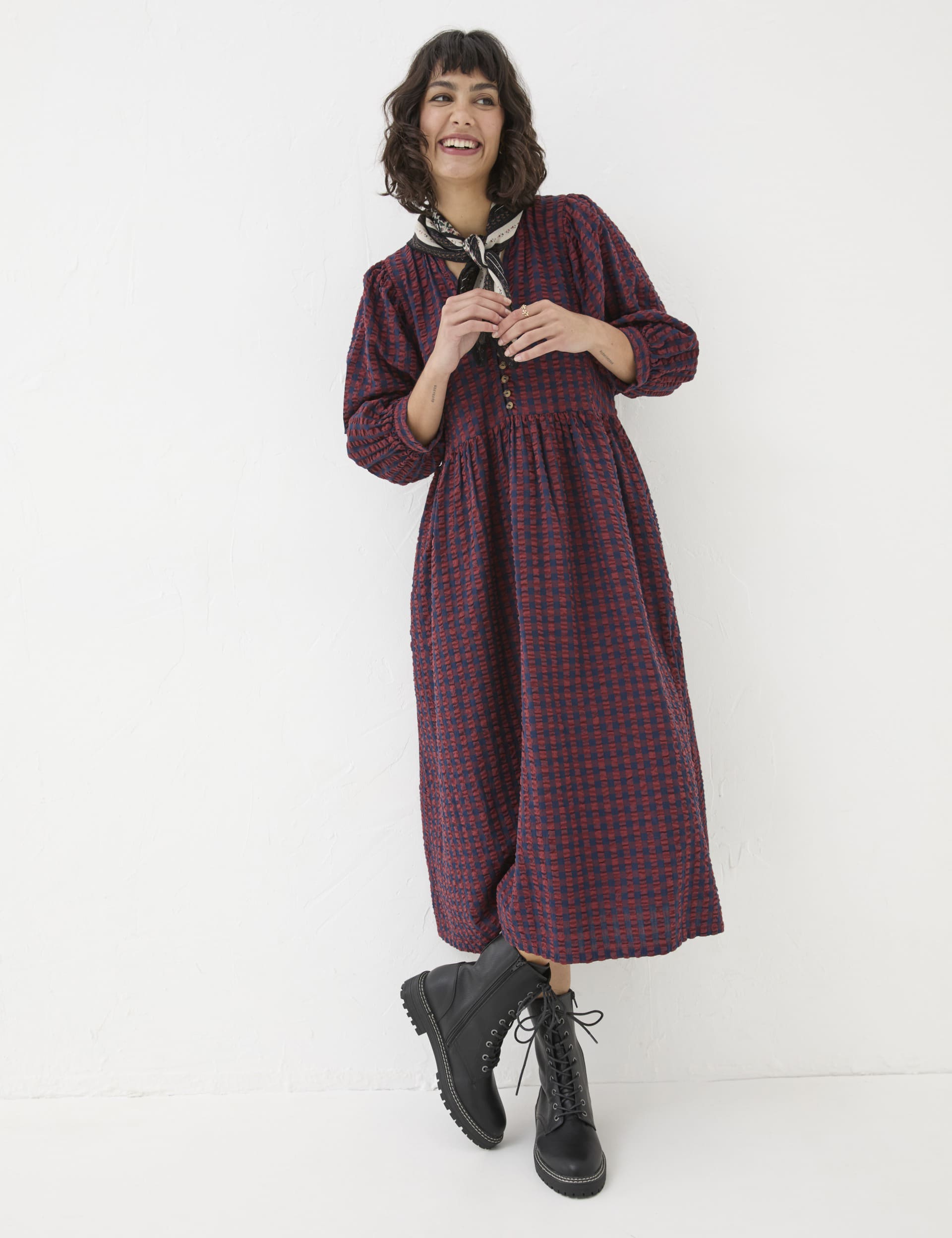 Fatface Women's Pure Cotton Gingham V-Neck Midi Waisted Dress