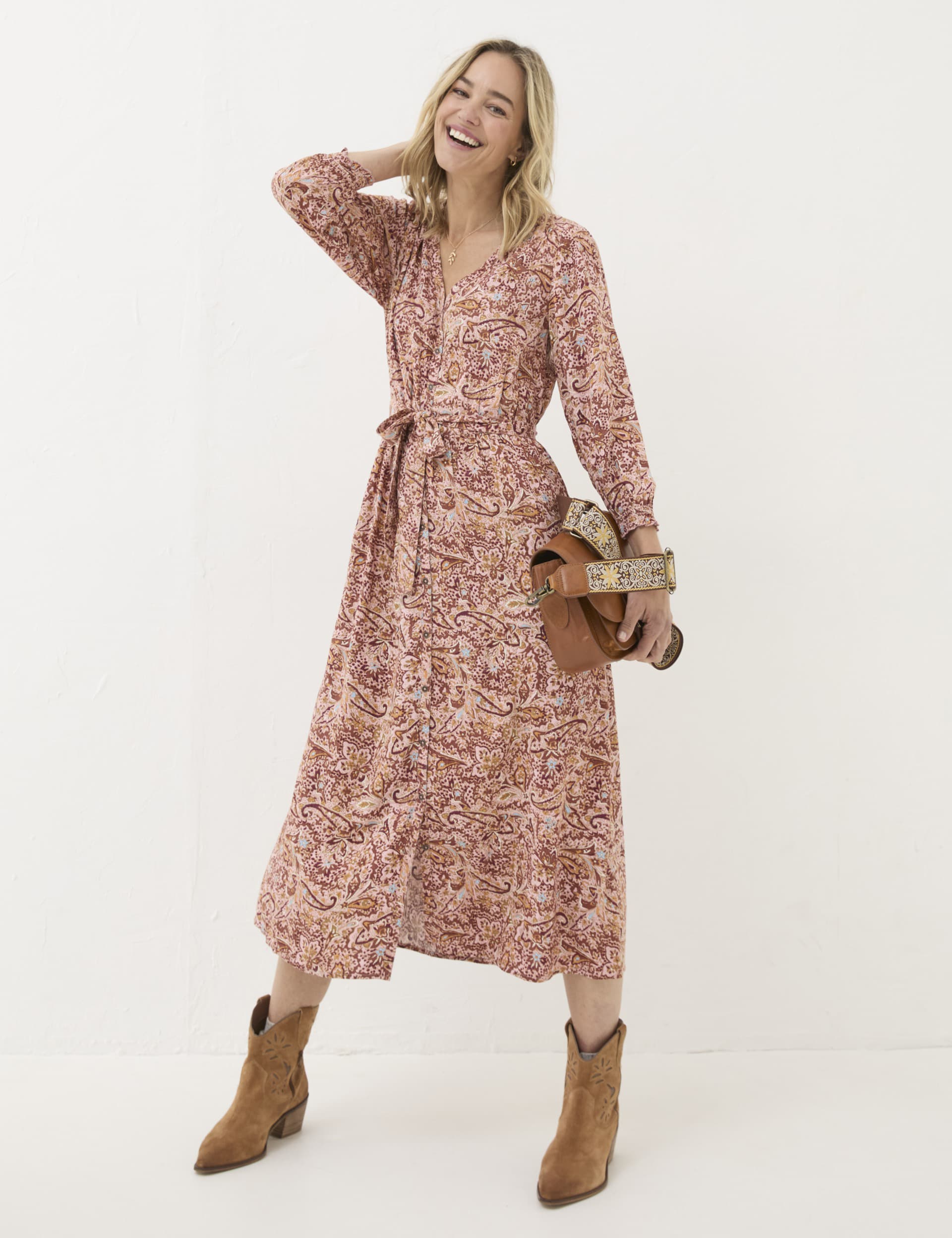 Fatface Women's Paisley V-Neck Tie Detail Midi Dress