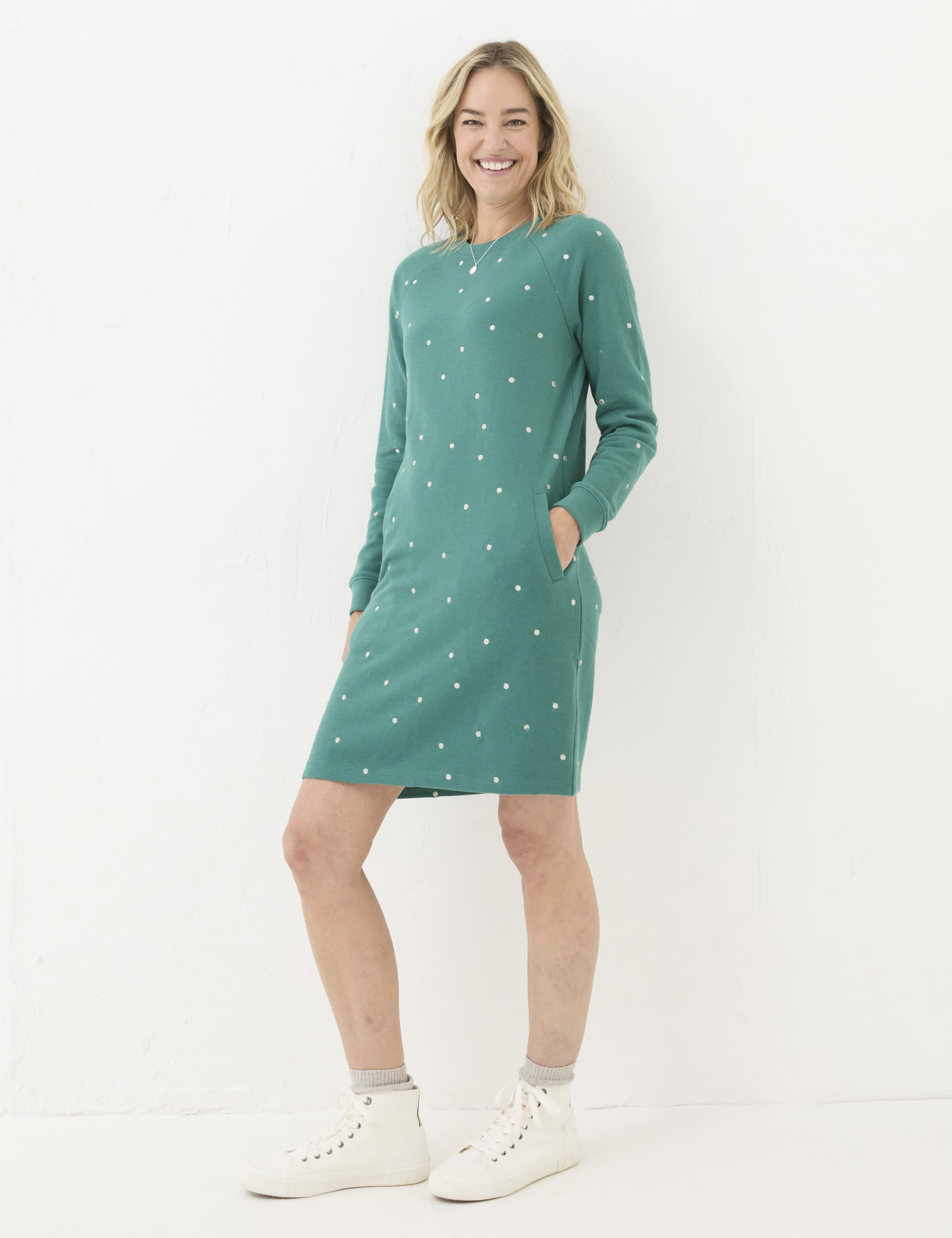 Fatface Women's Pure Cotton Embroidered Mini Sweater Dress - 16LNG - Teal, Teal