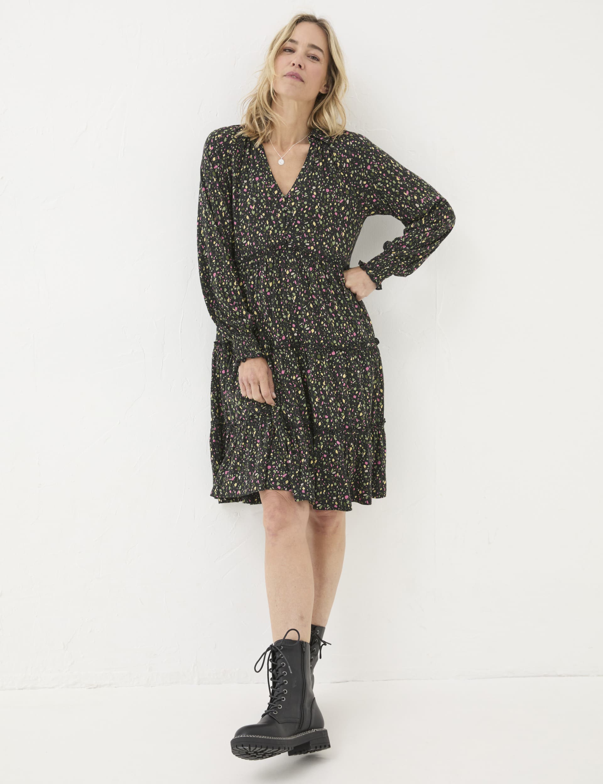 Fatface Women's Cotton Rich Printed V-Neck Midi Tiered Dress