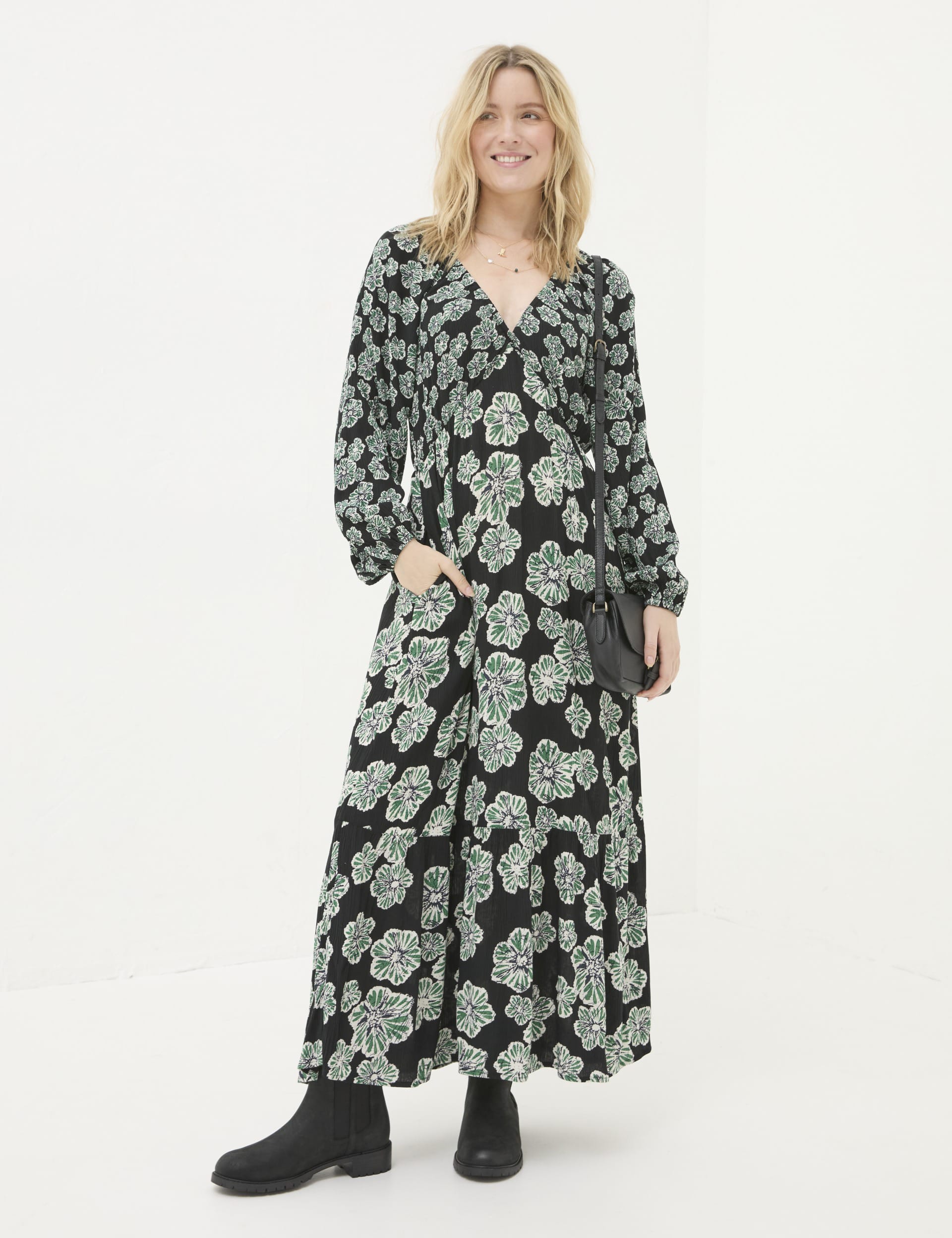 Fatface Women's Floral V-Neck Midi Waisted Dress