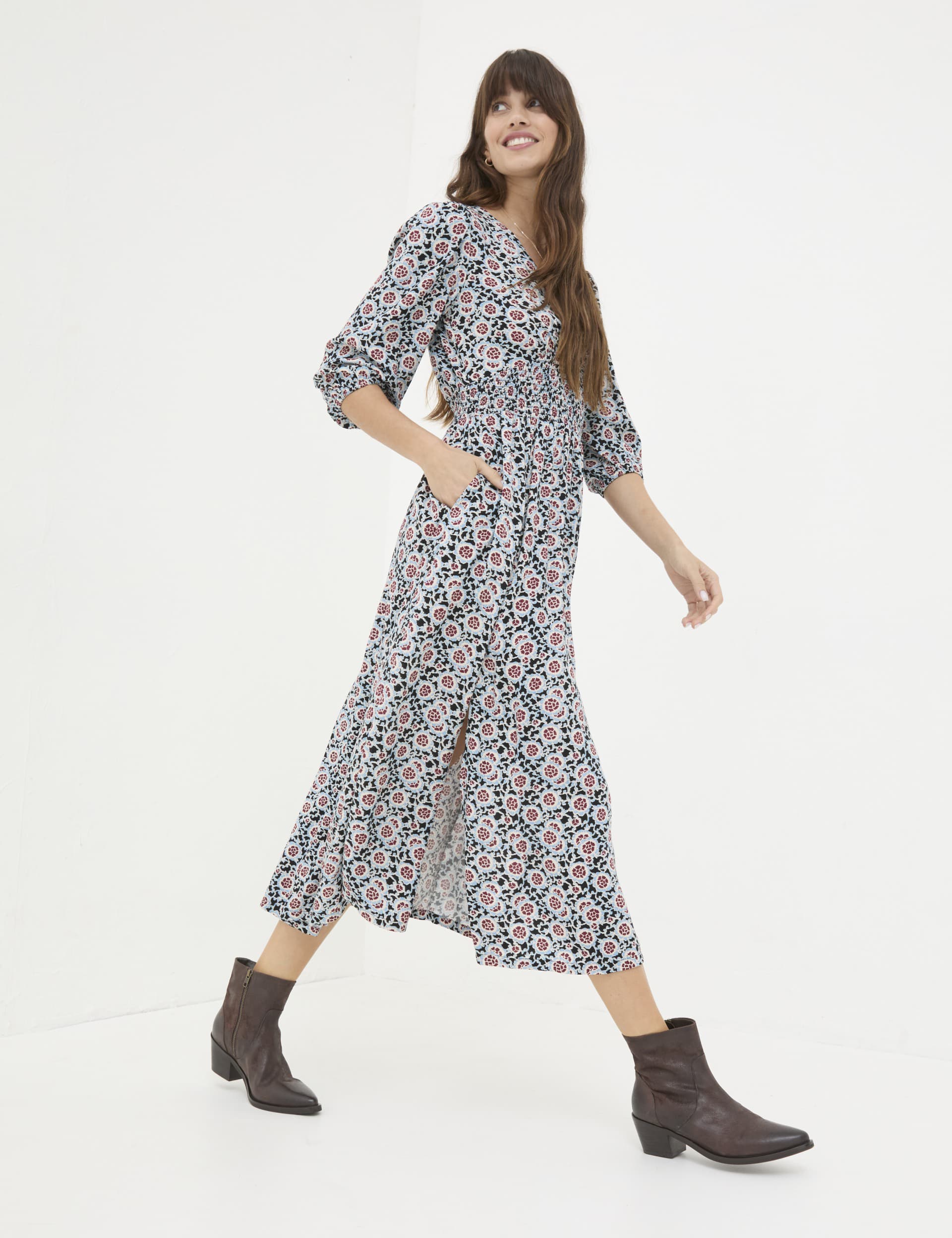 Fatface Women's Floral V-Neck Waisted Midi Dress