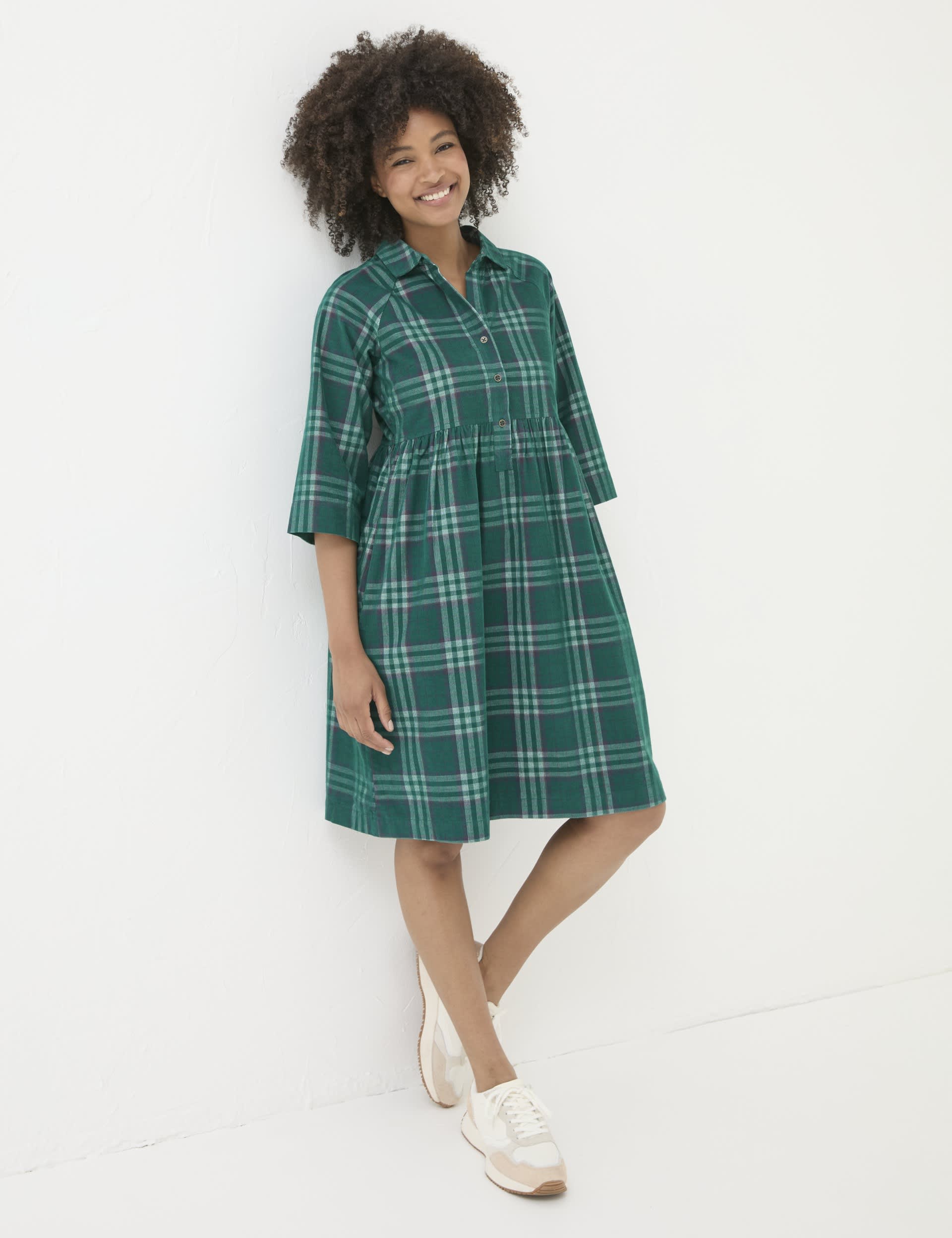 Fatface Women's Pure Cotton Cord Checked Mini Shirt Dress - 14REG - Teal Mix, Teal Mix