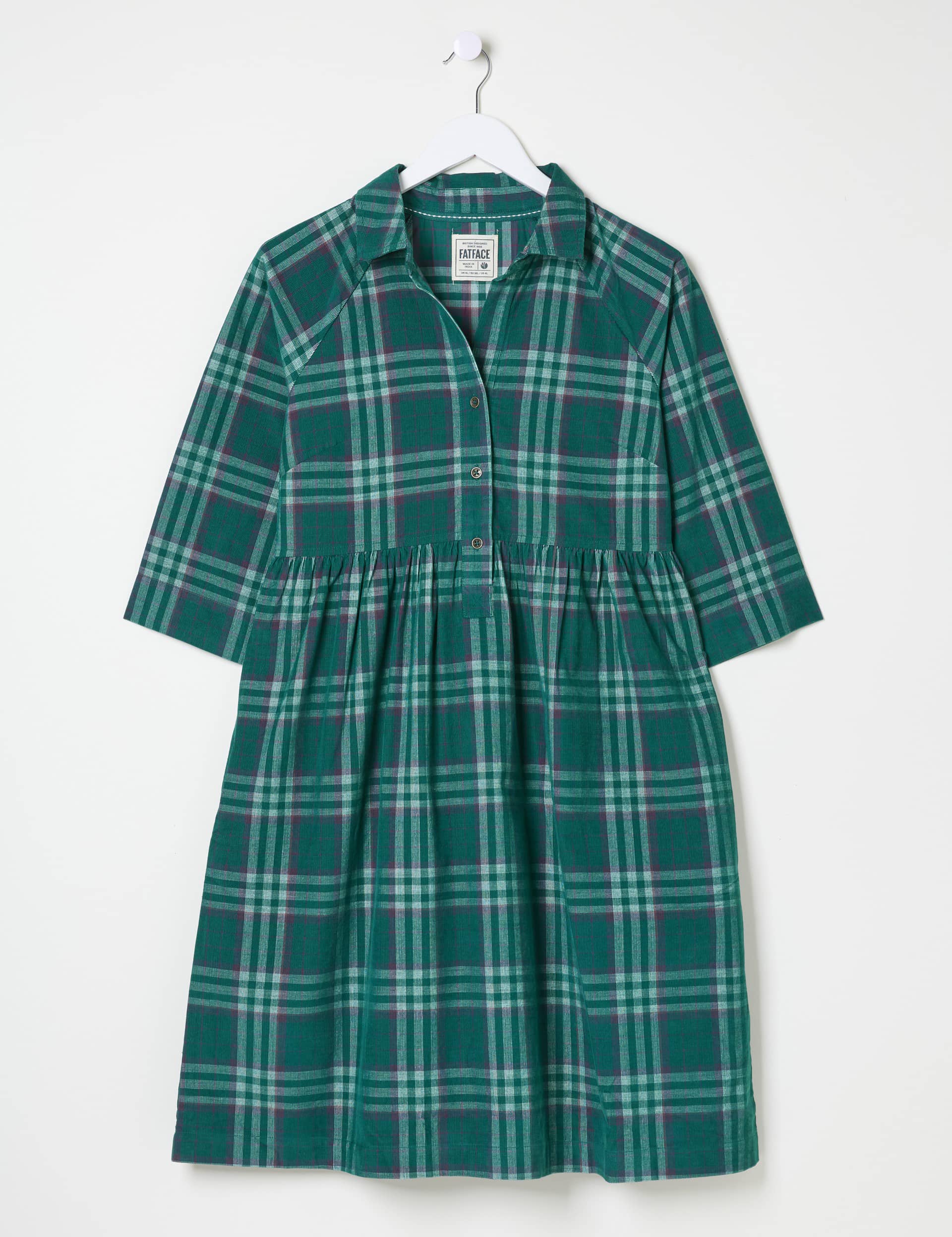 Fatface Women's Pure Cotton Cord Checked Mini Shirt Dress - 12LNG - Teal Mix, Teal Mix