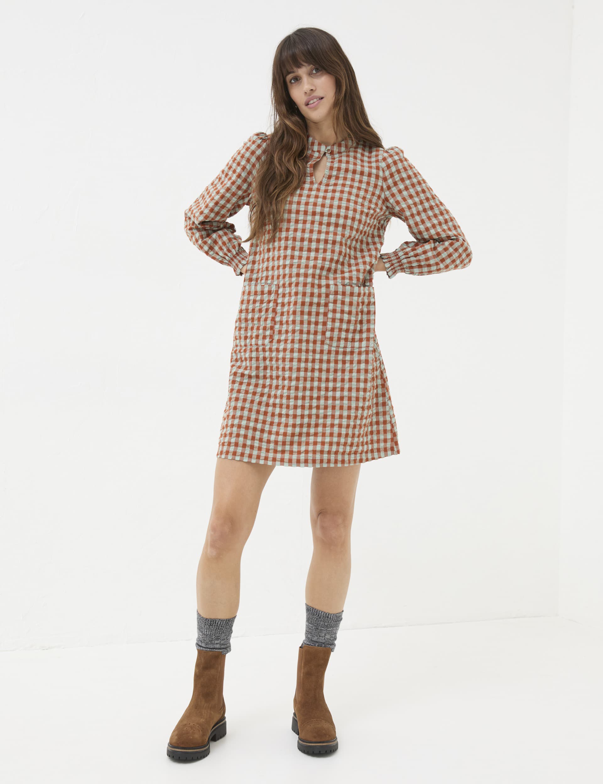 Fatface Women's Pure Cotton Gingham Notch Neck Mini Shift Dress