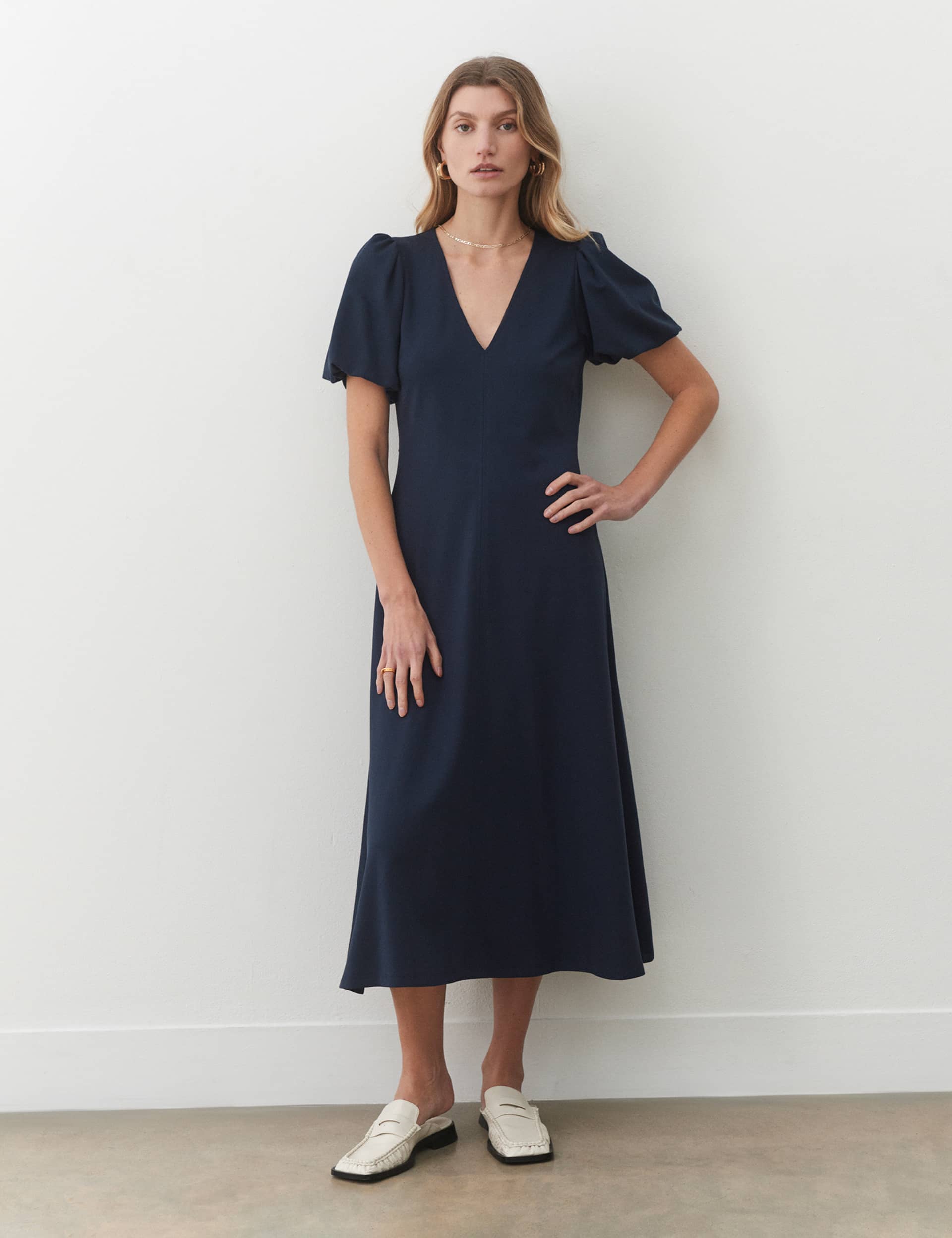 Finery London Women's V-Neck Puff Sleeve Midi Waisted Dress - 12 - Dark Blue, Dark Blue