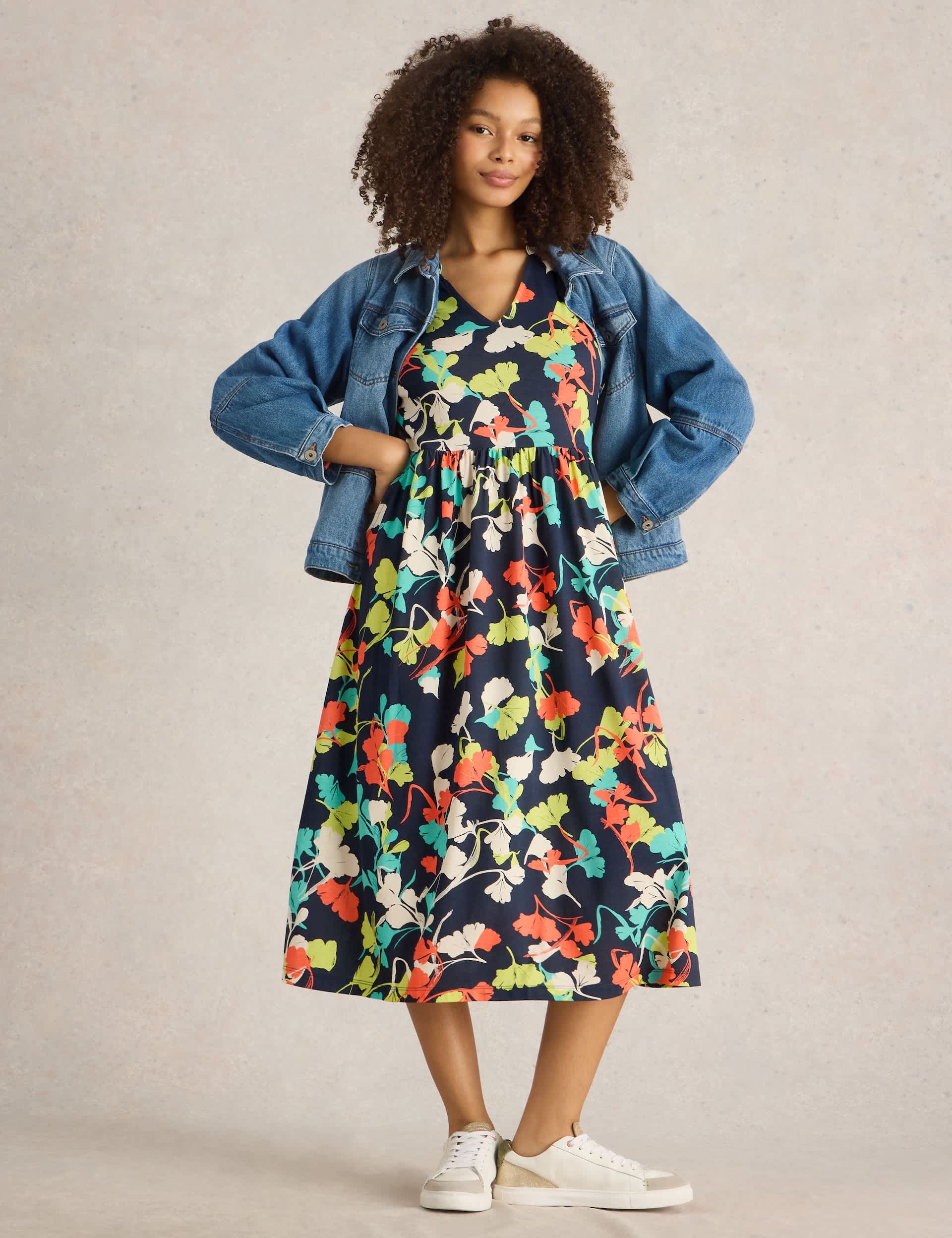 White Stuff Women's Cotton Blend Jersey Floral Midi Waisted Dress - 12REG - Navy Mix, Navy Mix