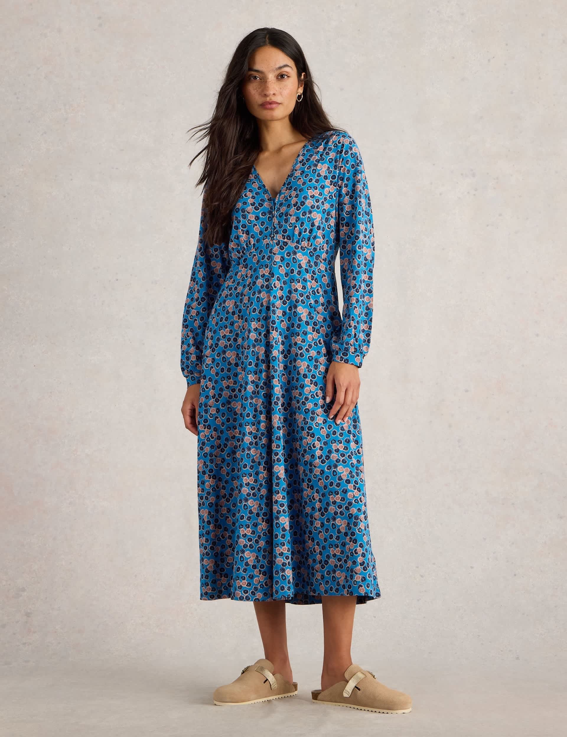 White Stuff Women's Cotton Modal Jersey Floral Midi Waisted Dress - 12REG - Blue Mix, Blue Mix,Navy 