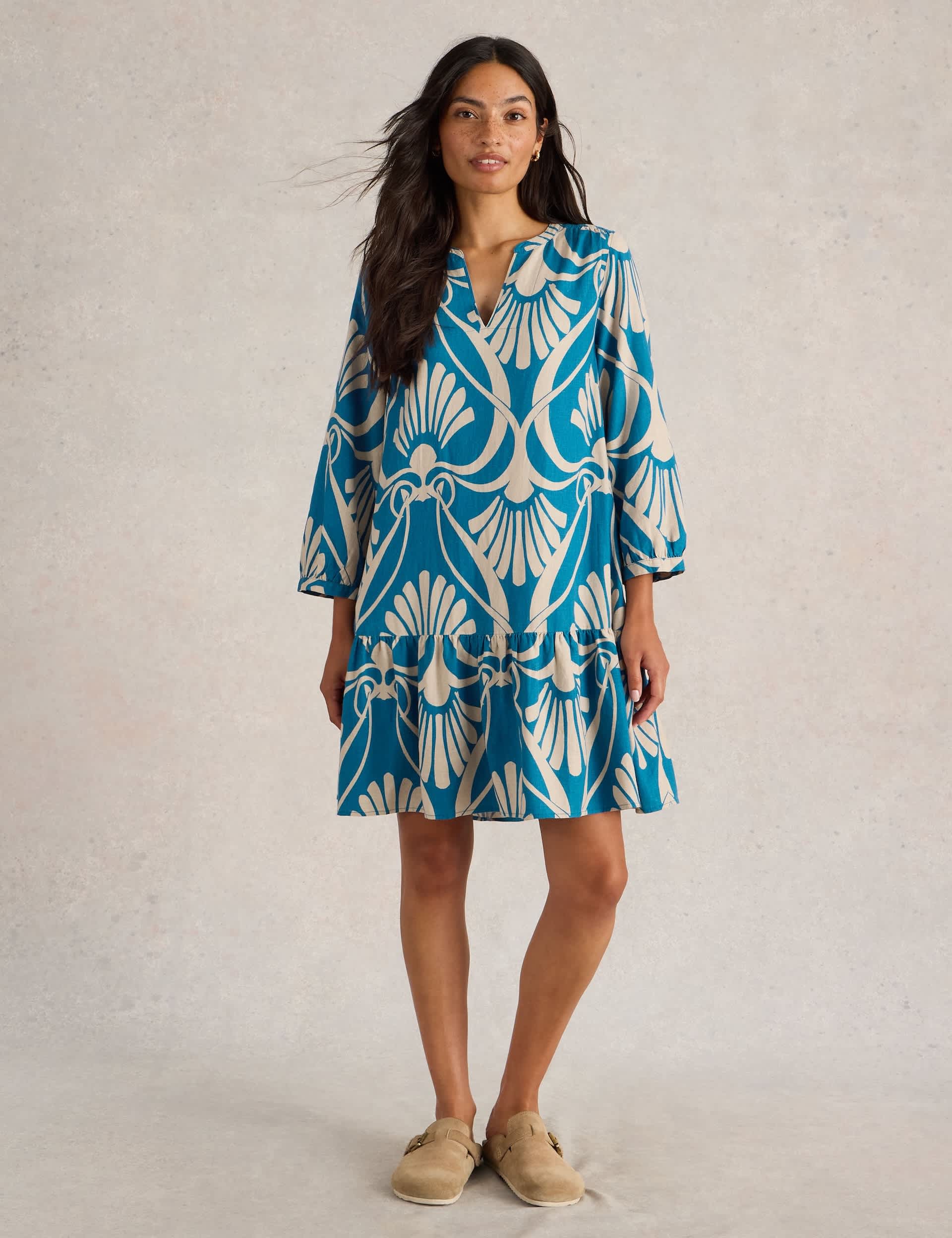 White Stuff Women's Linen Rich Printed Tea Dress - 12REG - Blue Mix, Blue Mix