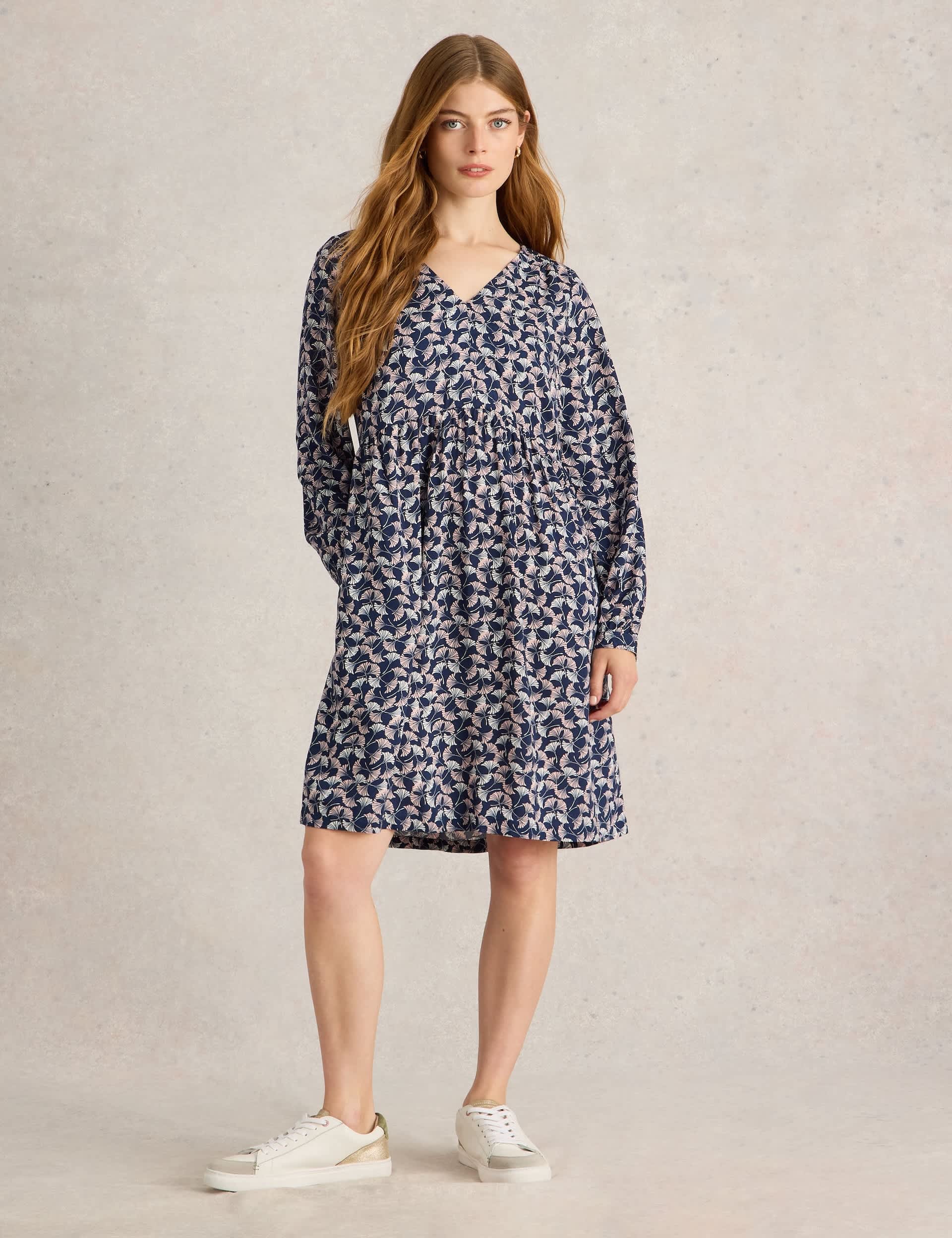 White Stuff Women's Printed V-Neck Mini Waisted Smock Dress - 12REG - Navy Mix, Navy Mix