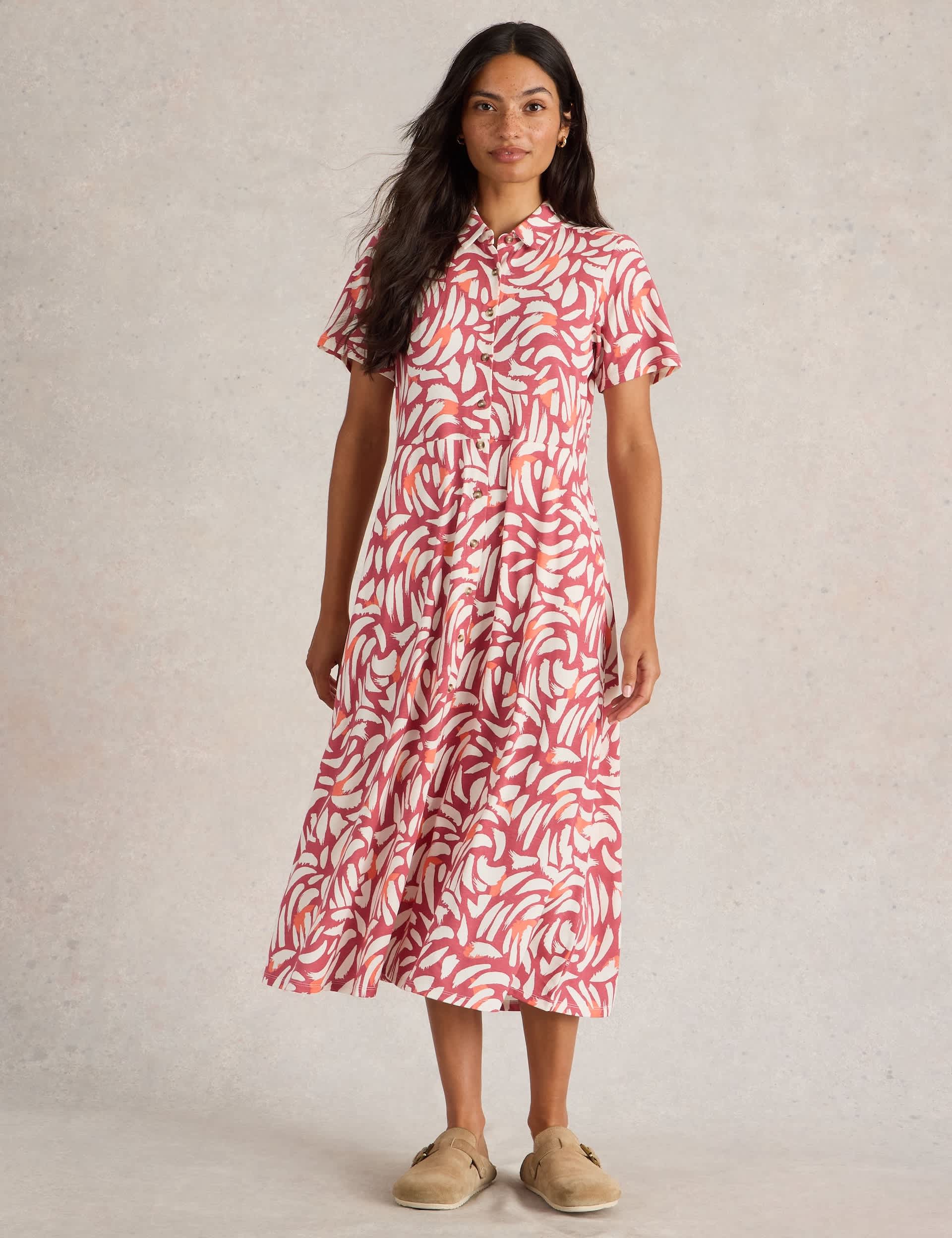 White Stuff Women's Cotton Modal Printed V Neck Midi Shirt Dress - 12REG - Pink Mix, Navy Mix,Pink M