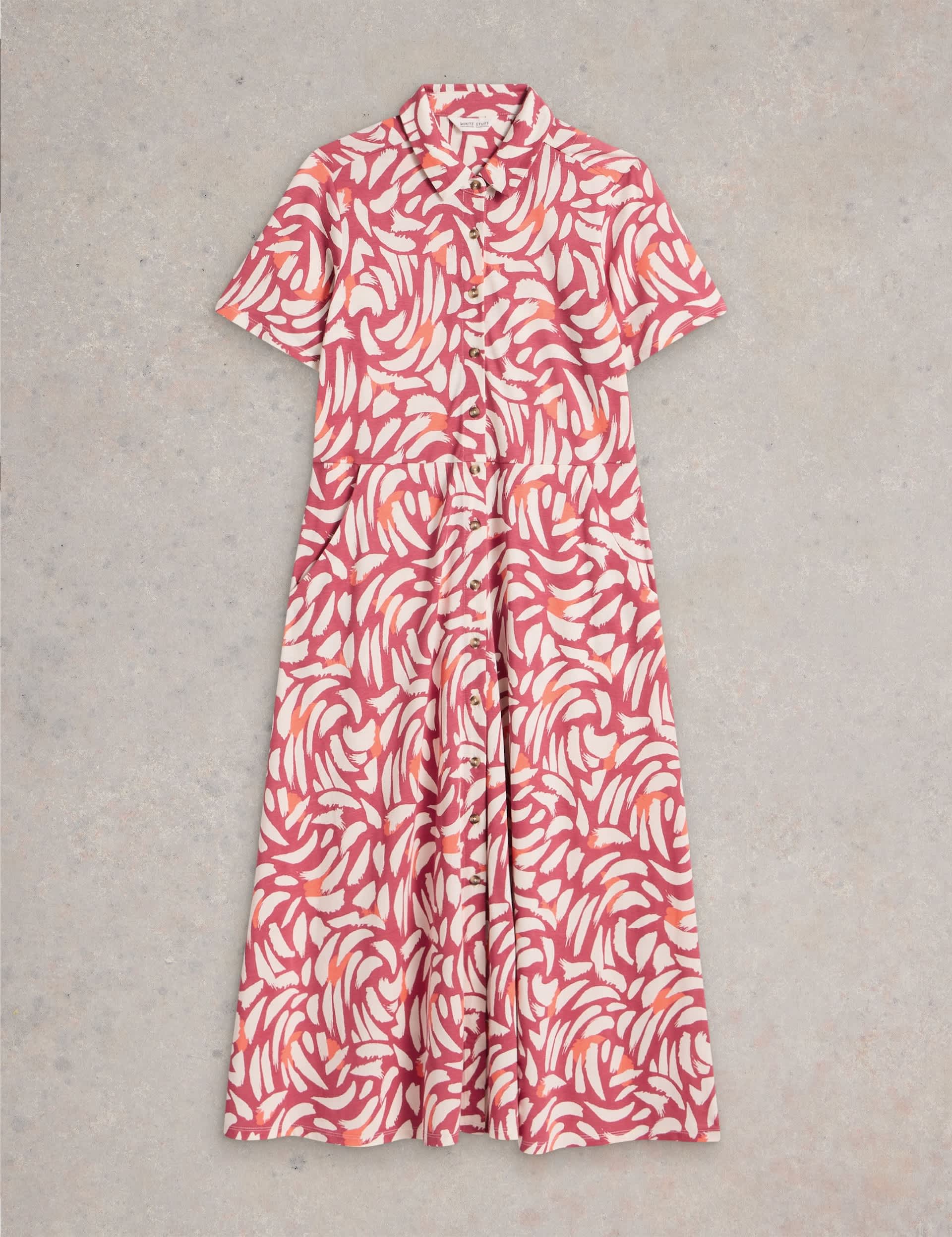 White Stuff Women's Cotton Modal Printed V Neck Midi Shirt Dress - 12REG - Pink Mix, Pink Mix,Navy M