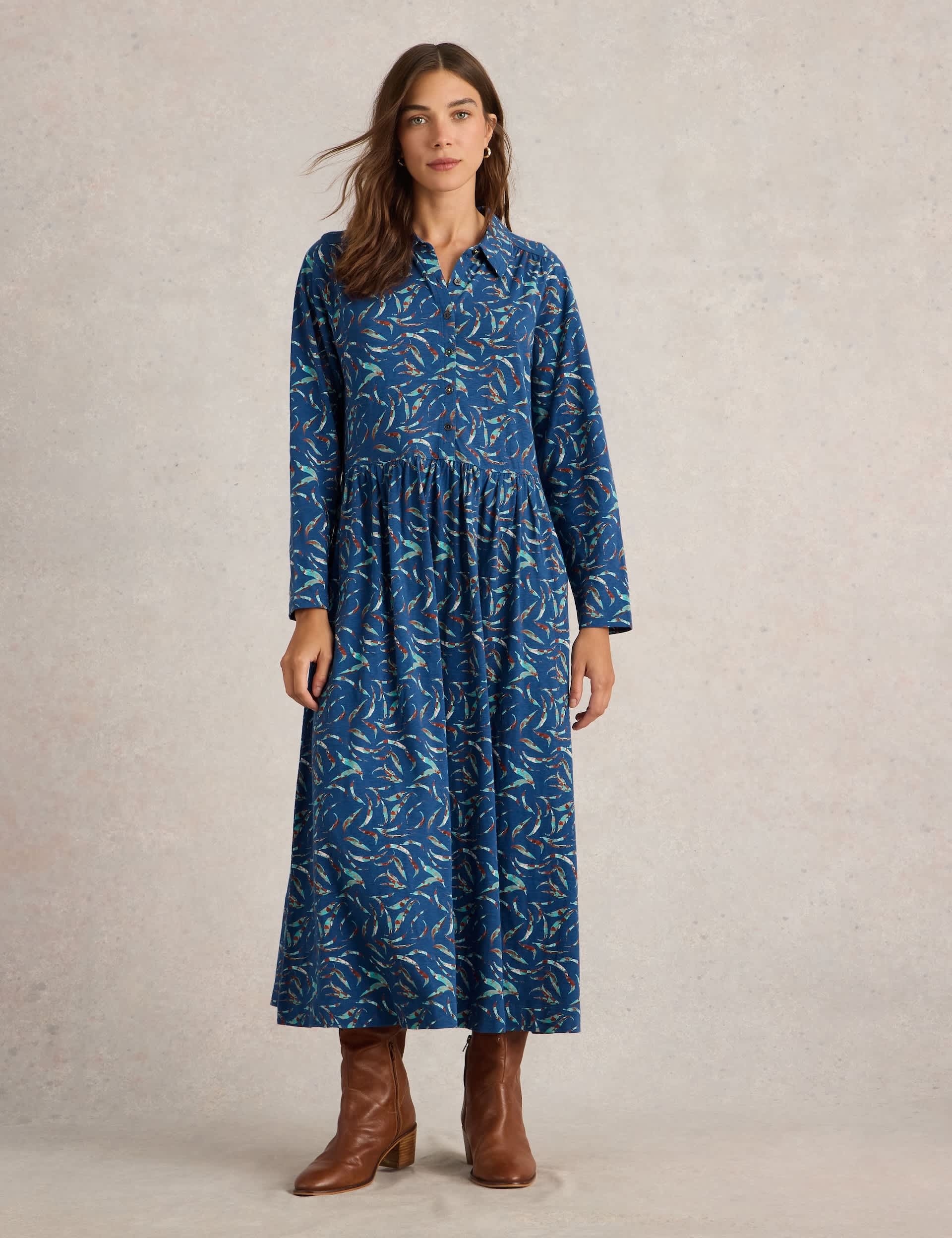 White Stuff Women's Pure Cotton Printed Midi Shirt Dress - 14REG - Blue Mix, Blue Mix