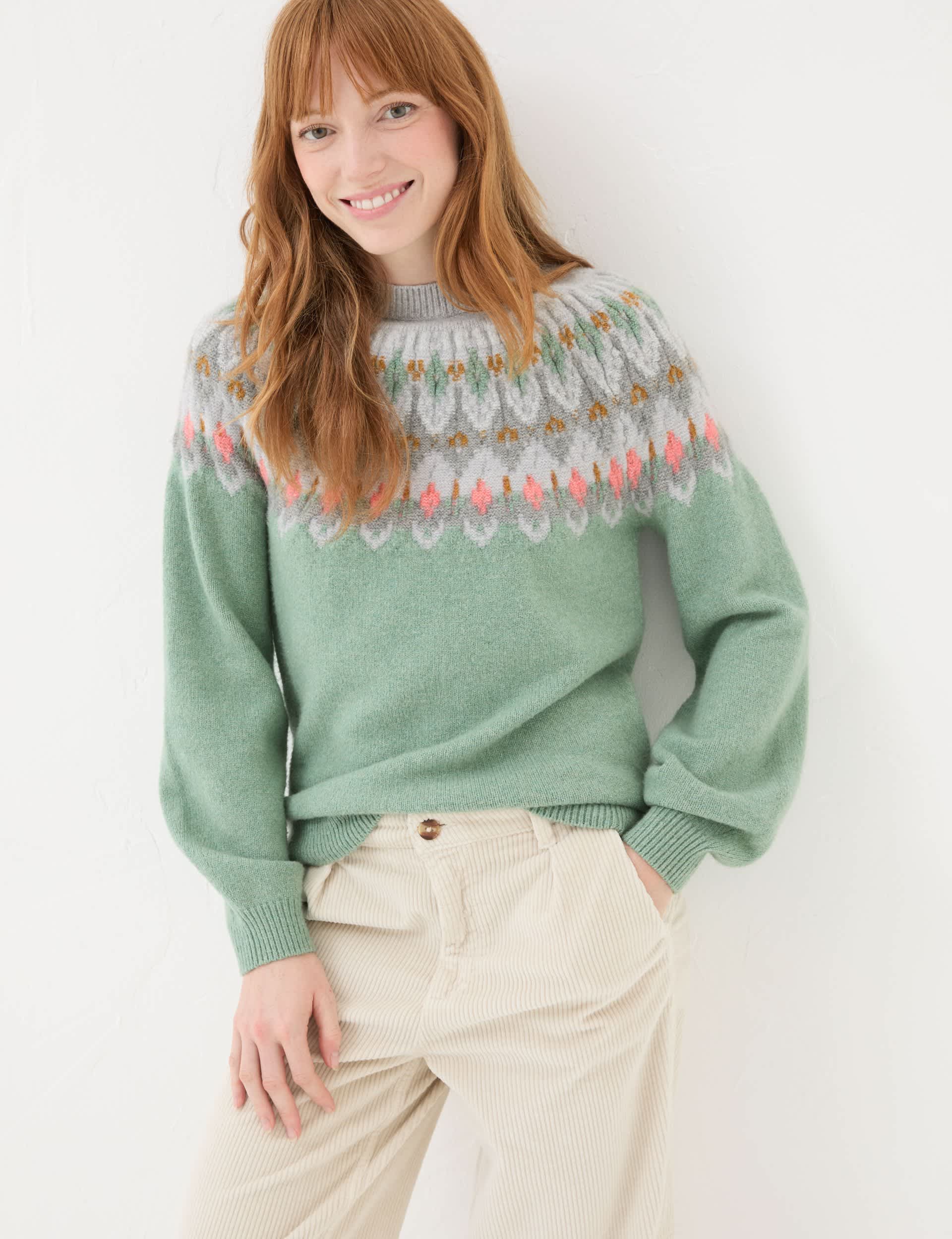 Fatface Women's Cotton Blend Fair Isle Crew Neck Jumper - 10 - Teal Green, Teal Green