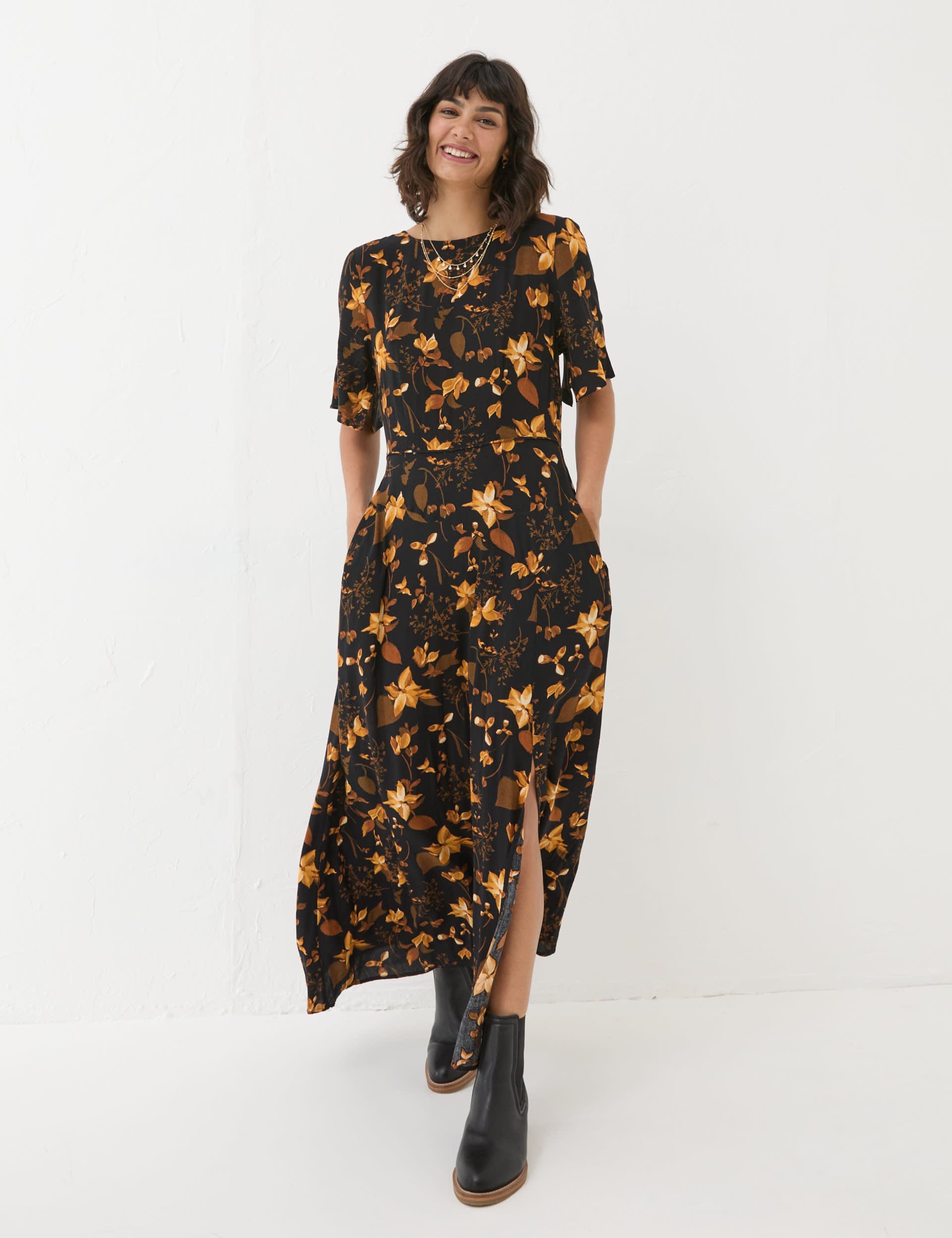 Fatface Women's Floral Crew Neck Midi Tea Dress - 18REG - Black Mix, Black Mix