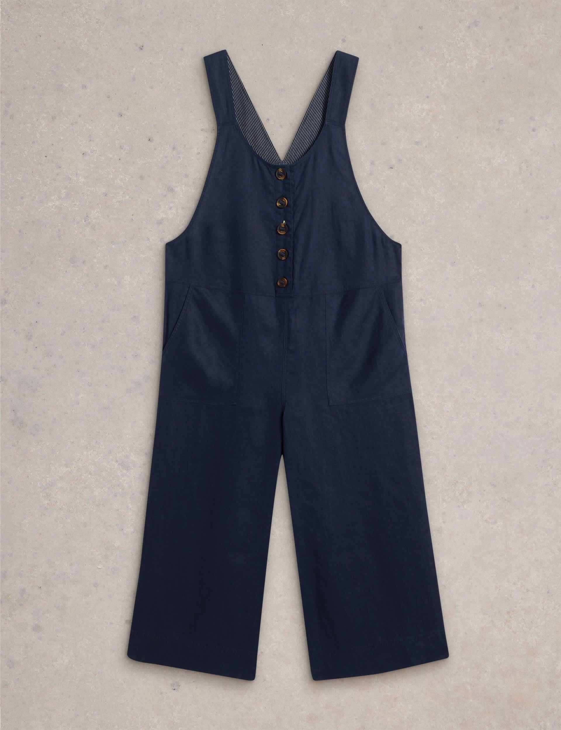 White Stuff Women's Pure Linen Cropped Dungarees - 12REG - Navy, Navy