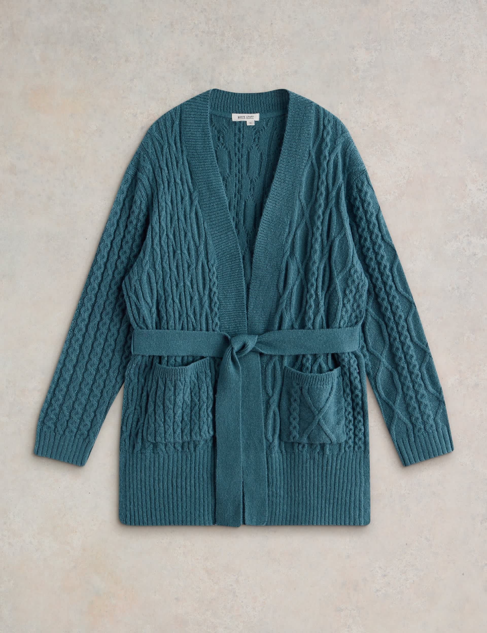 White Stuff Women's Cable Knit Belted Wrap Cardigan with Wool - M - Blue, Blue