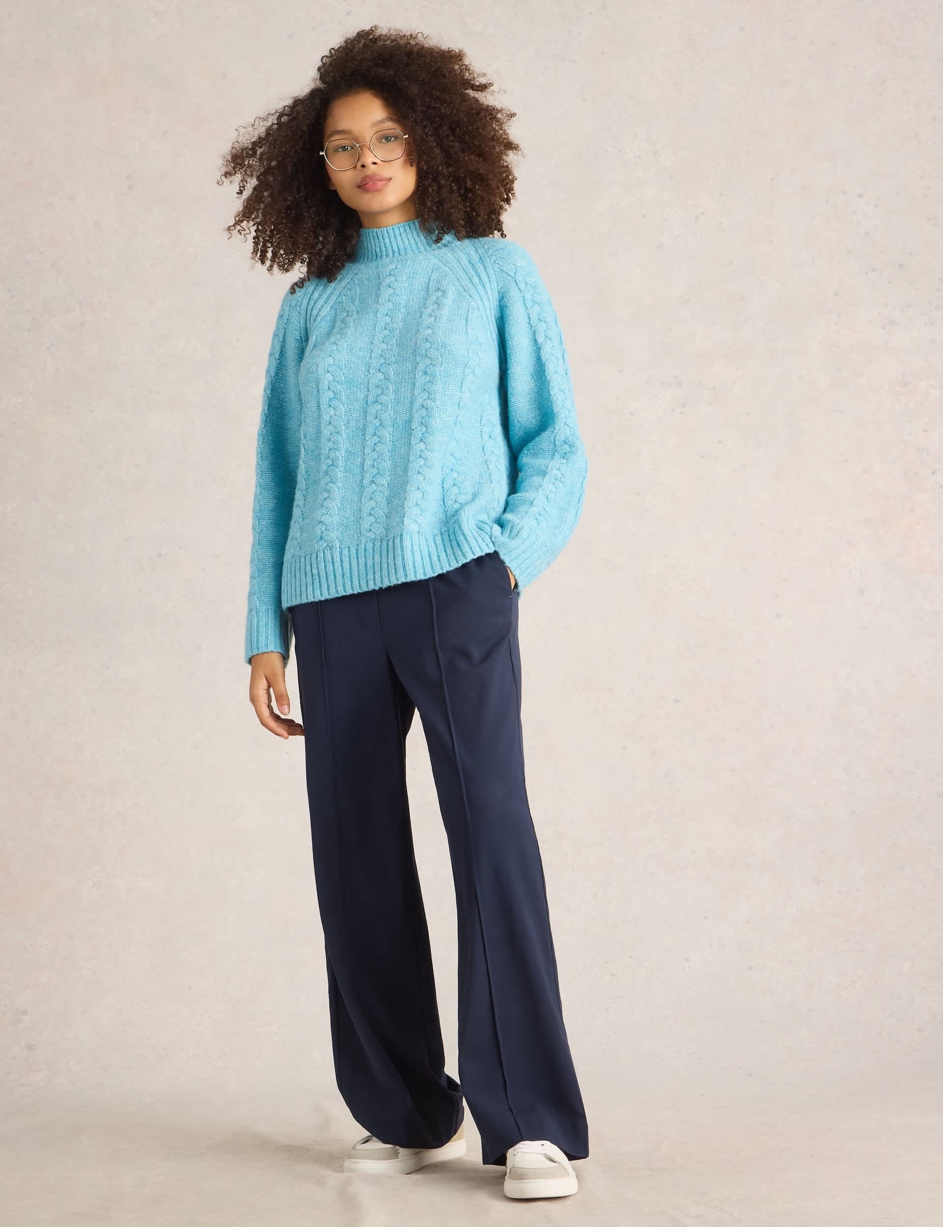 White Stuff Women's Cable Knit Funnel Neck Jumper with Wool - 14 - Blue, Blue