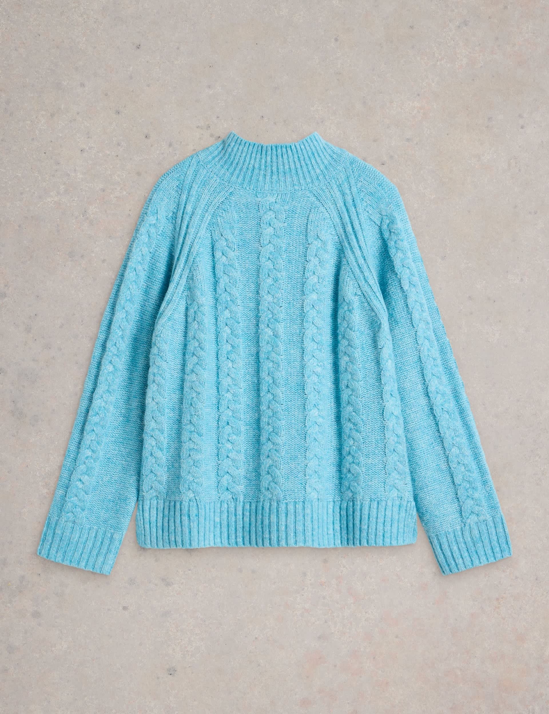 White Stuff Women's Cable Knit Funnel Neck Jumper with Wool - 14 - Blue, Blue