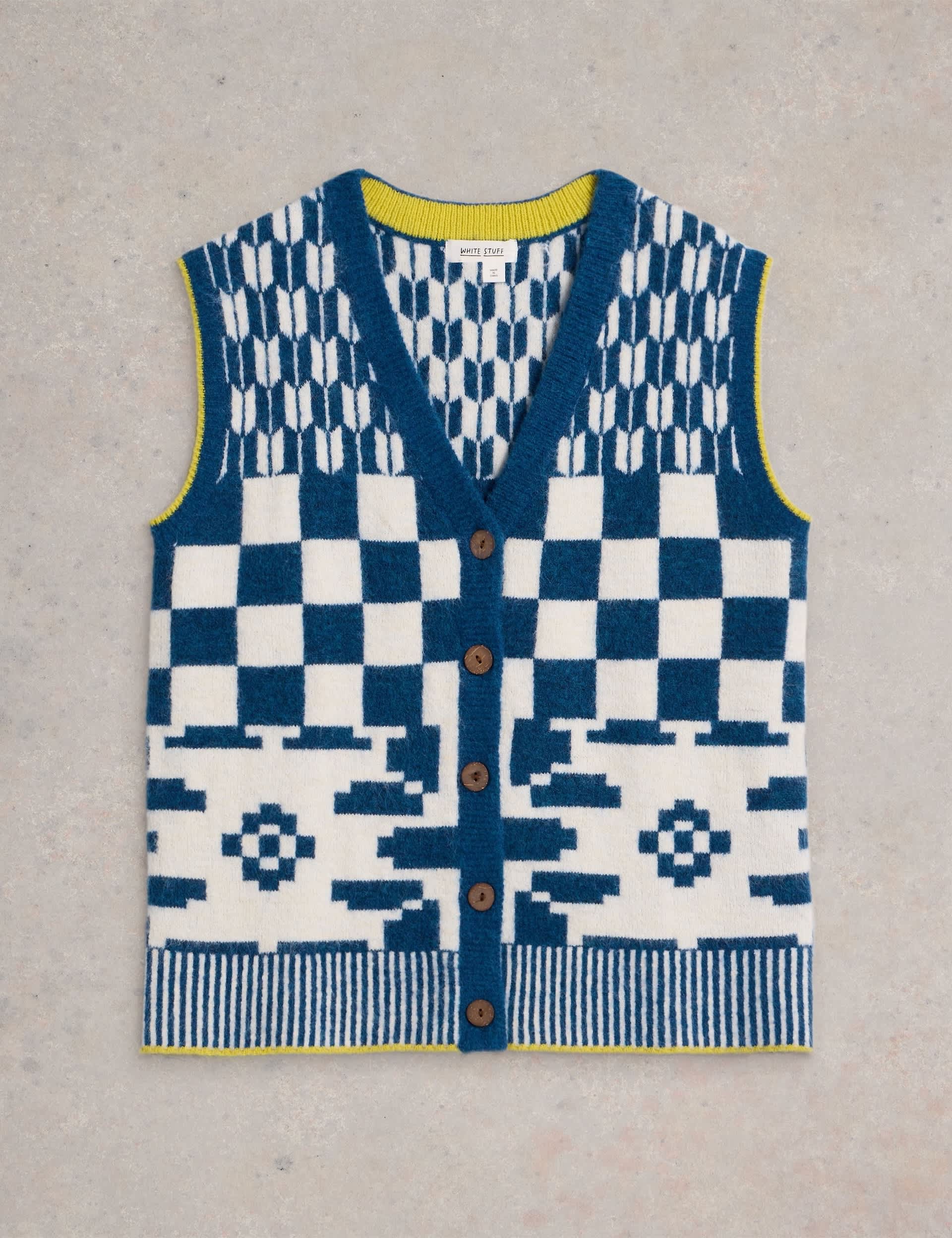 White Stuff Women's Geometric V-Neck Knitted Waistcoat - Blue Mix, Blue Mix