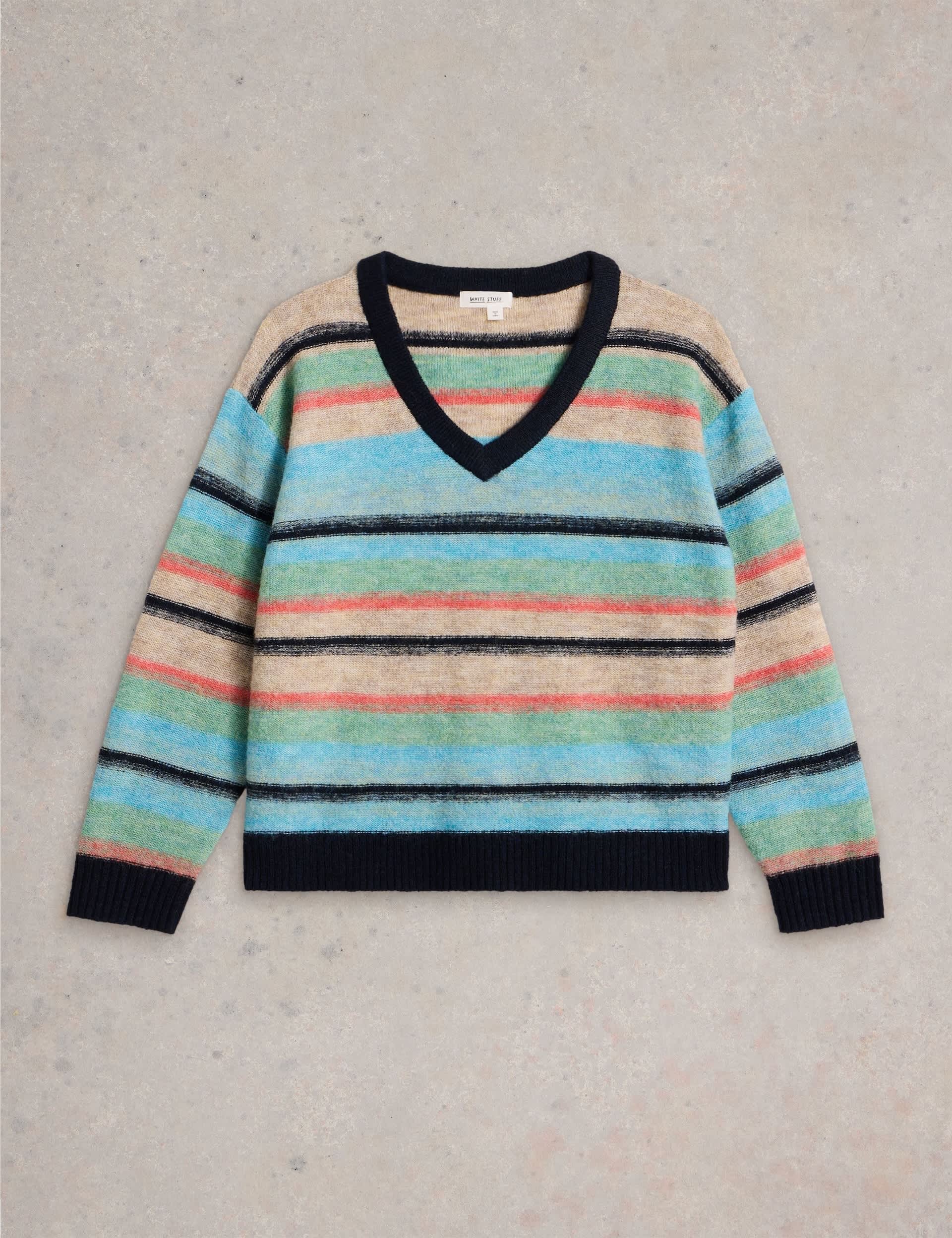 White Stuff Women's Striped V-Neck Jumper with Wool - 14 - Blue Mix, Blue Mix