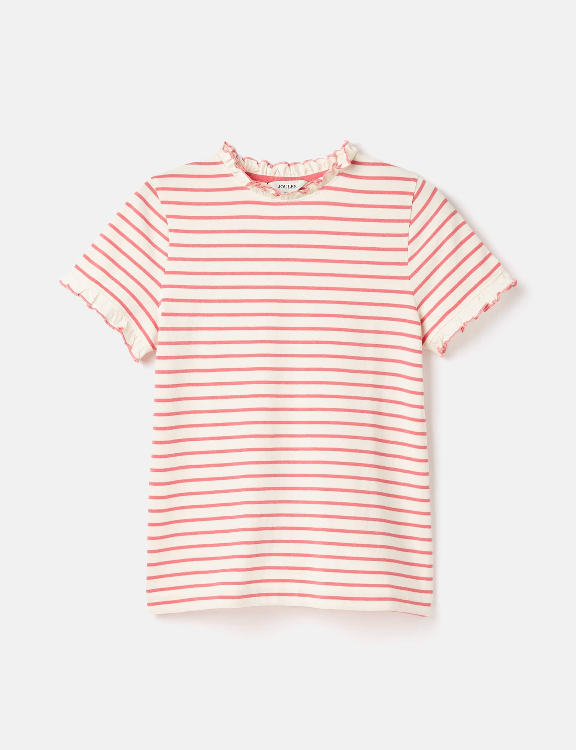 Joules Women's Pure Cotton Striped Frill Detail T-Shirt - 12 - Pink Mix, Pink Mix