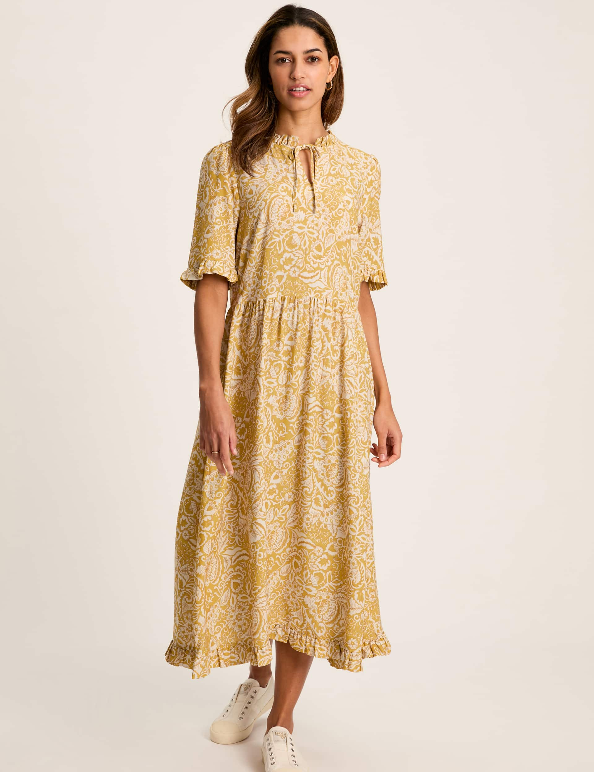 Joules Women's Floral Tie Neck Ruffle Detail Midi Smock Dress - 10 - Yellow Mix, Yellow Mix