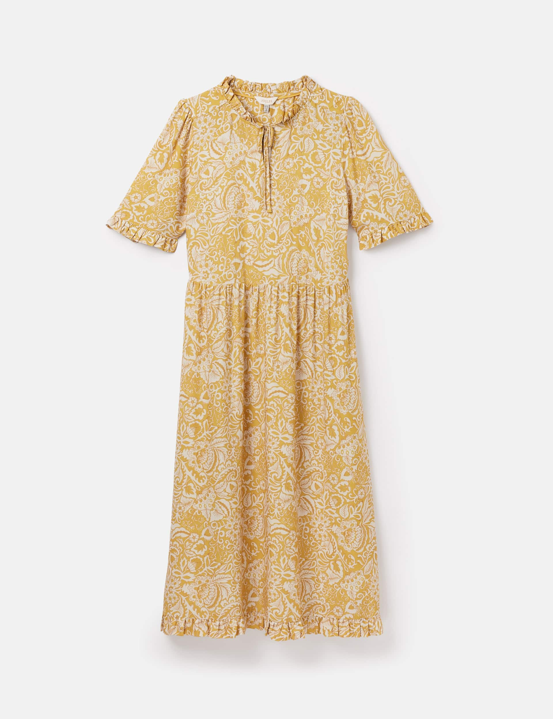 Joules Women's Floral Tie Neck Ruffle Detail Midi Smock Dress - 8 - Yellow Mix, Yellow Mix