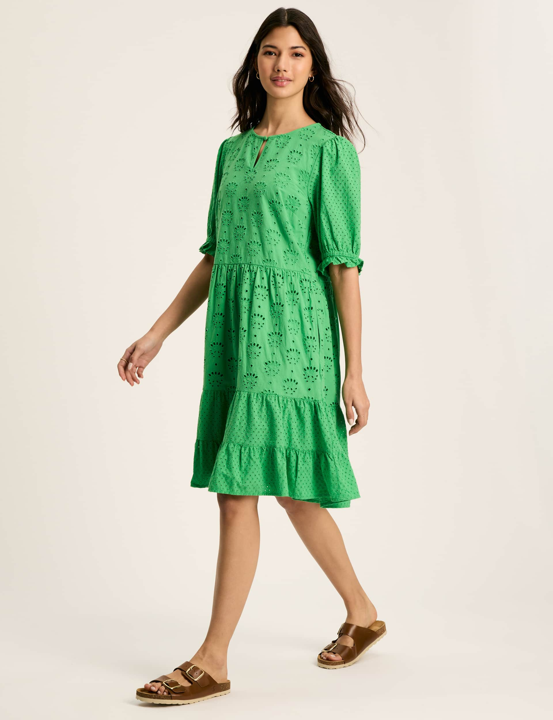 Joules Women's Pure Cotton Broderie Knee Length Tiered Dress - 8 - Green, Green