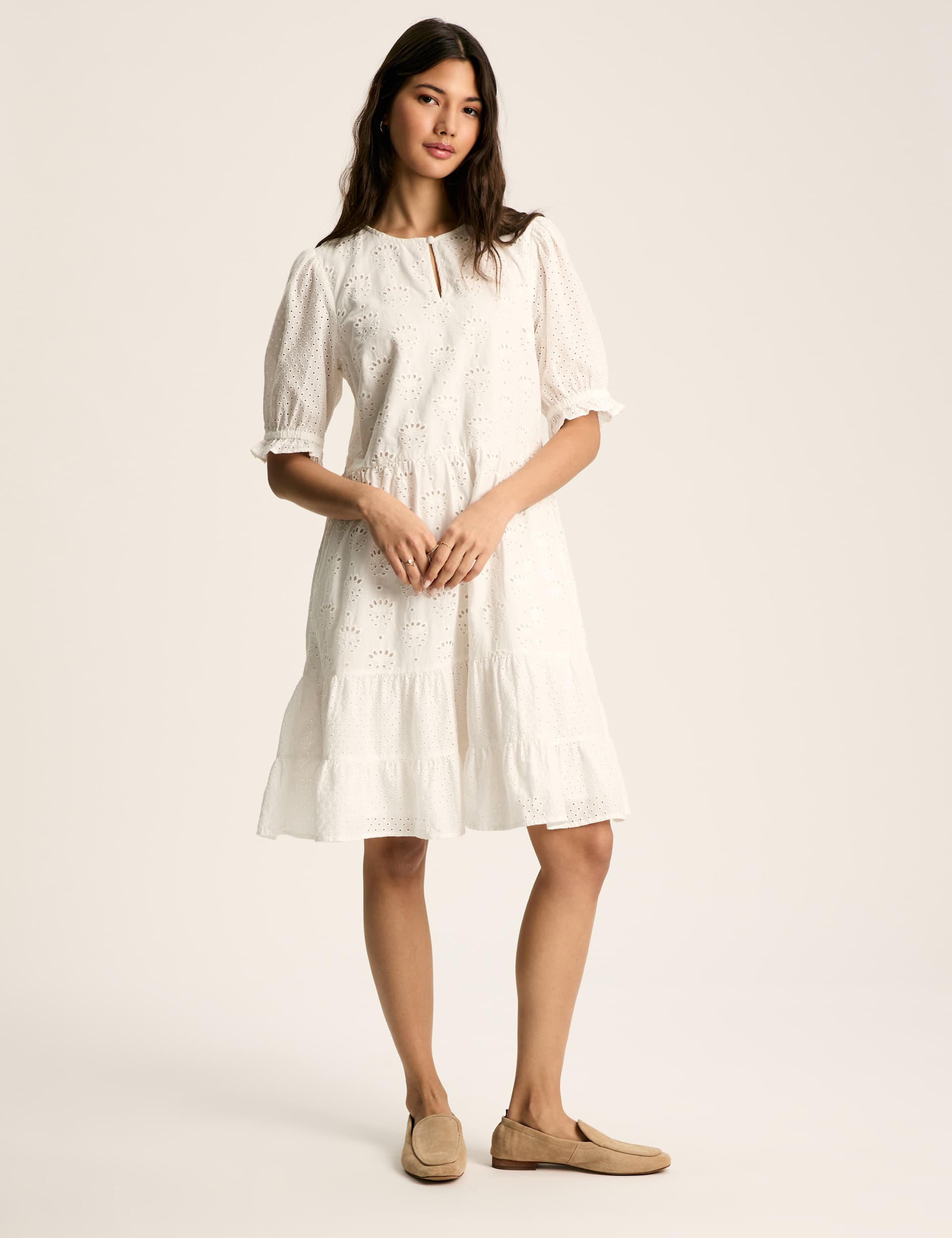 Joules Women's Pure Cotton Broderie Knee Length Tiered Dress