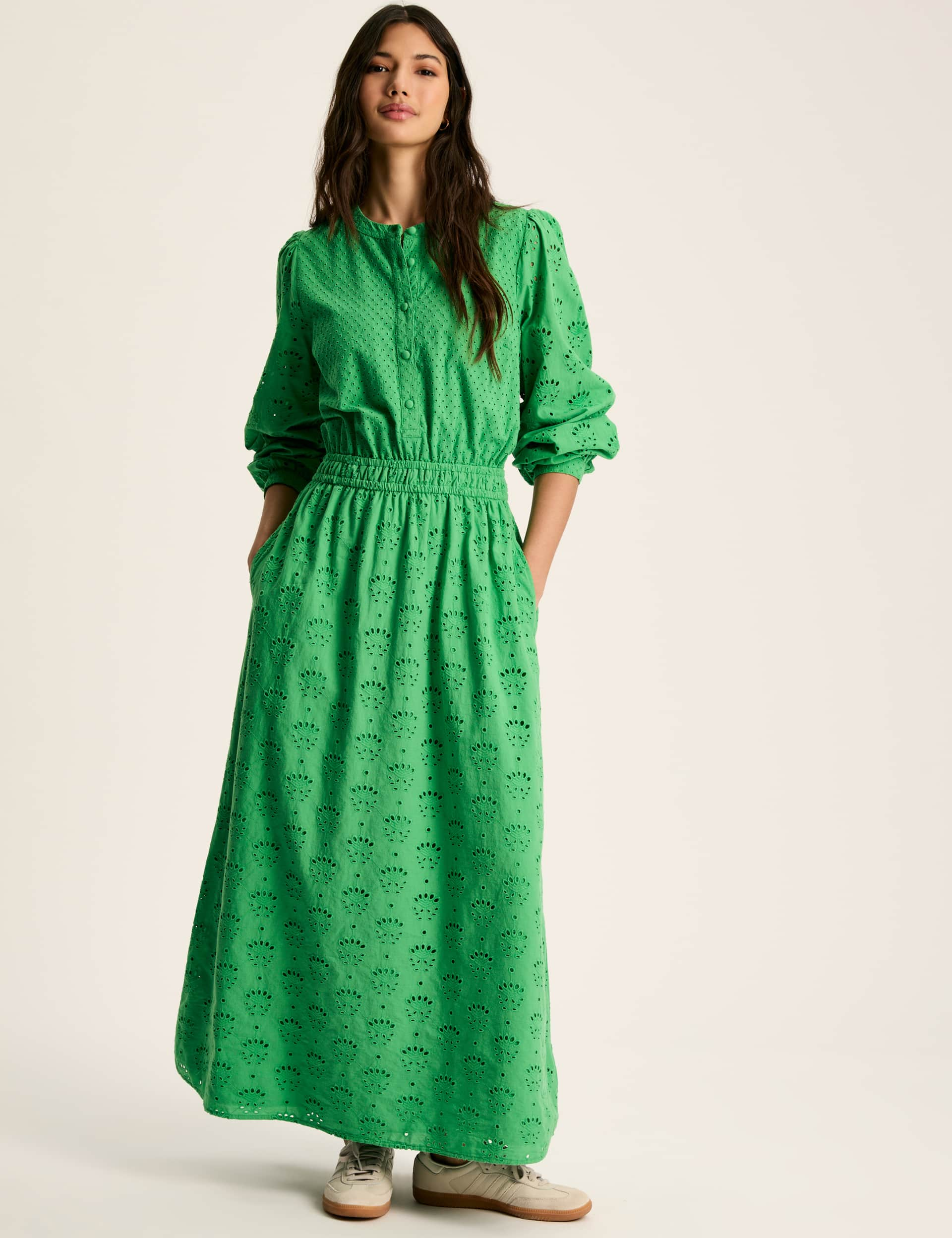 Joules Women's Pure Cotton Broderie Maxi Waisted Dress - 8 - Green, Ivory,Green