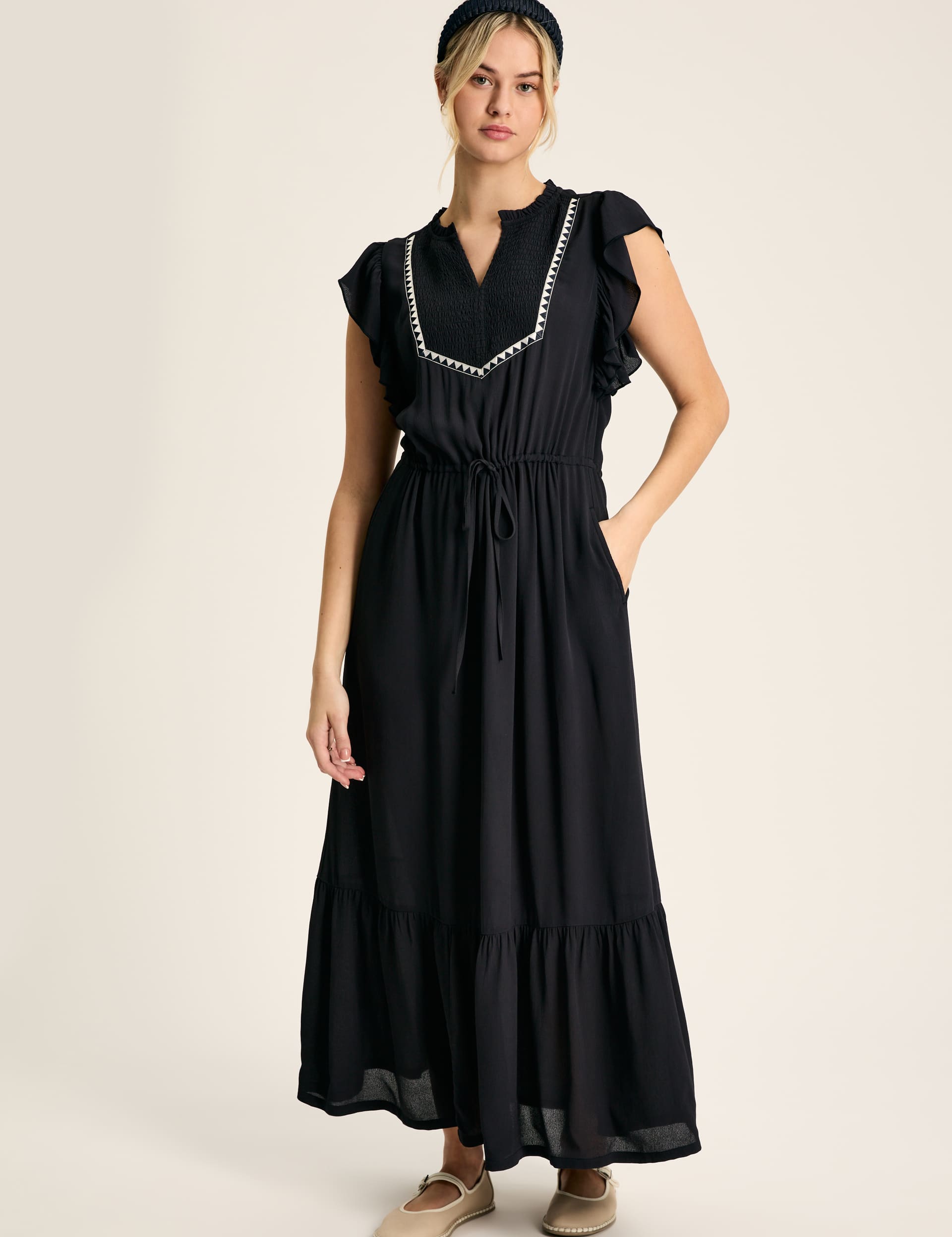 Joules Women's V-Neck Tie Waist Shirred Midi Tiered Dress